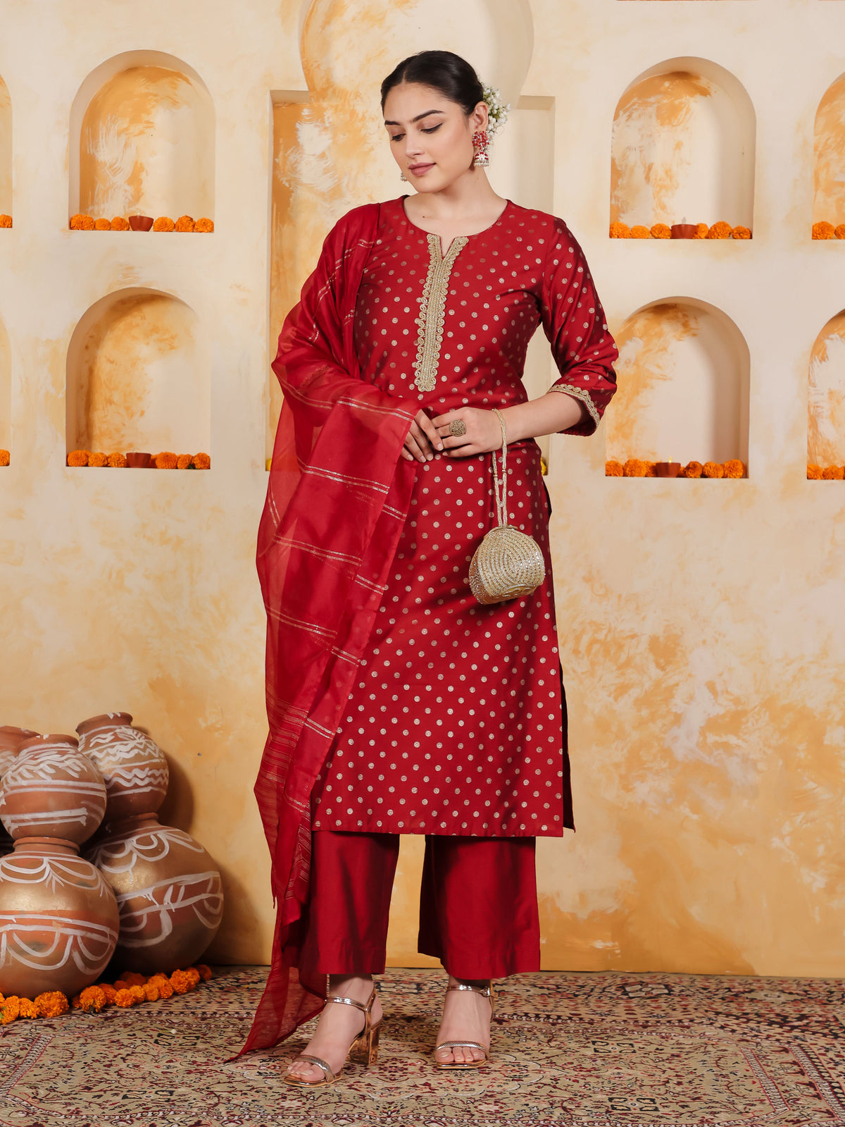 Blended Silk Gold foil Straight Red Kurta