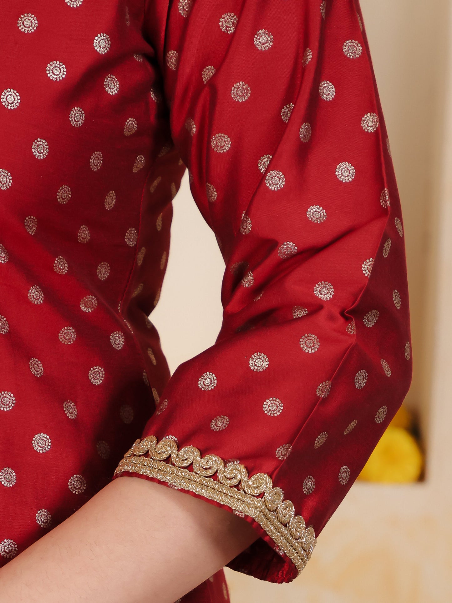 Blended Silk Gold foil Straight Red Kurta