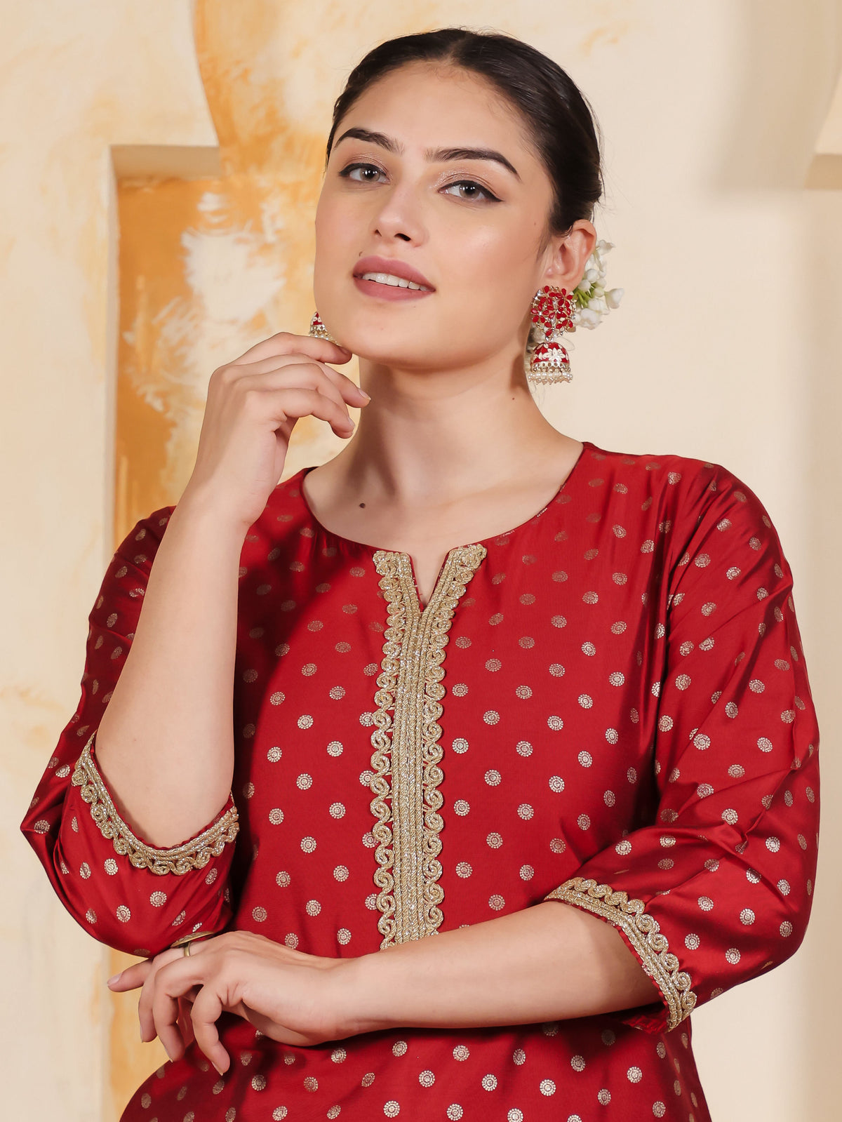 Blended Silk Gold foil Straight Red Kurta