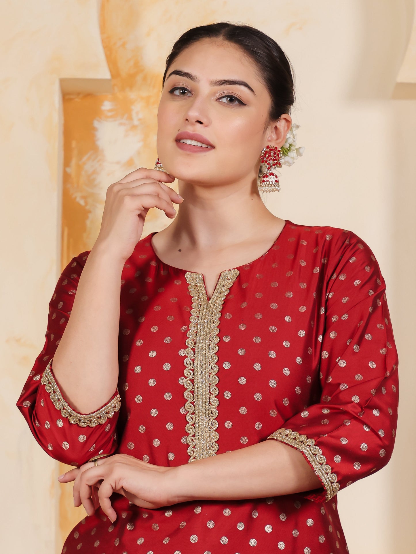 Blended Silk Gold foil Straight Red Kurta