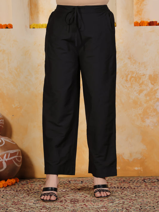 Blended Silk Solid Black Straight Trousers