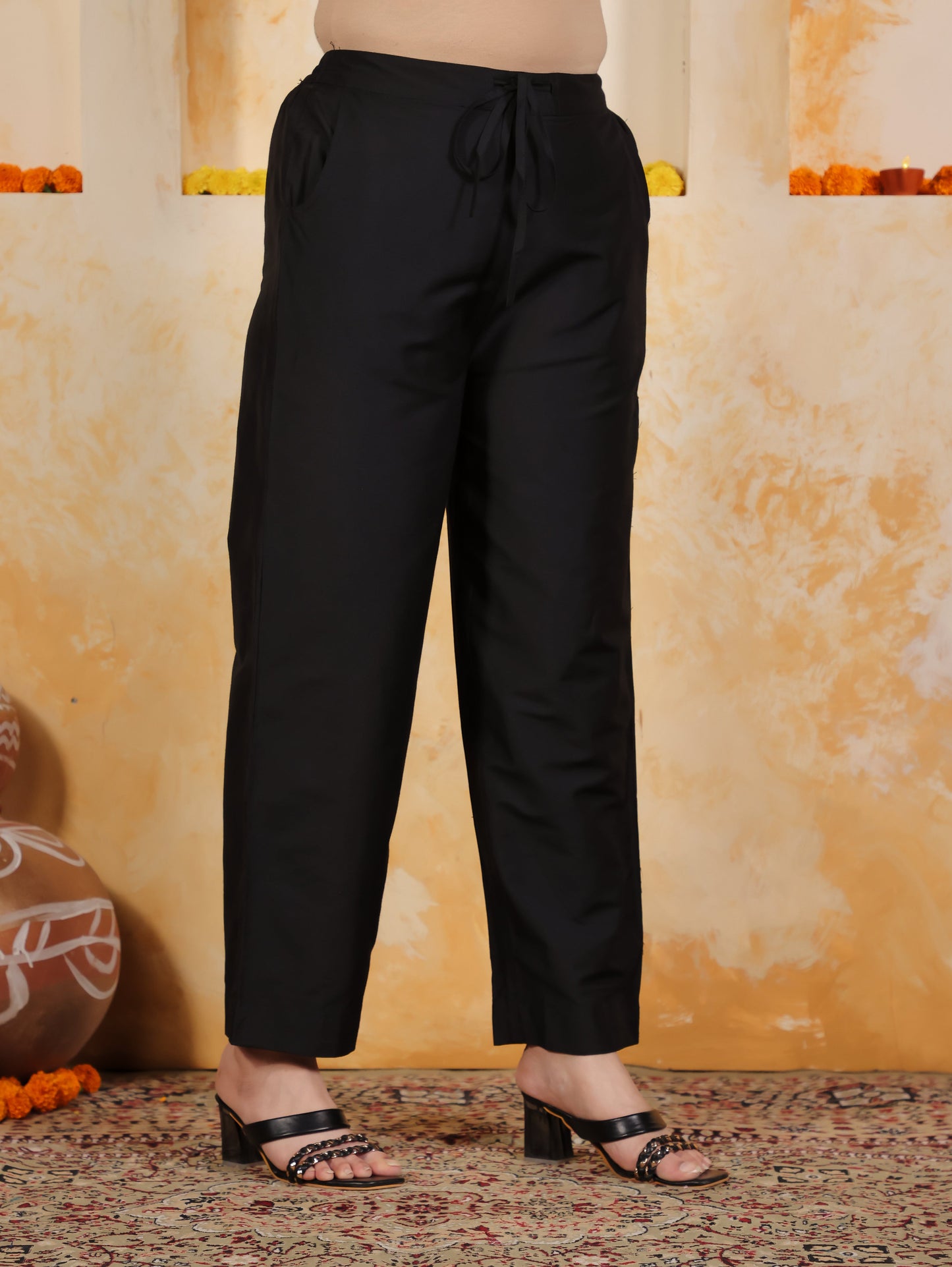 Blended Silk Solid Black Straight Trousers