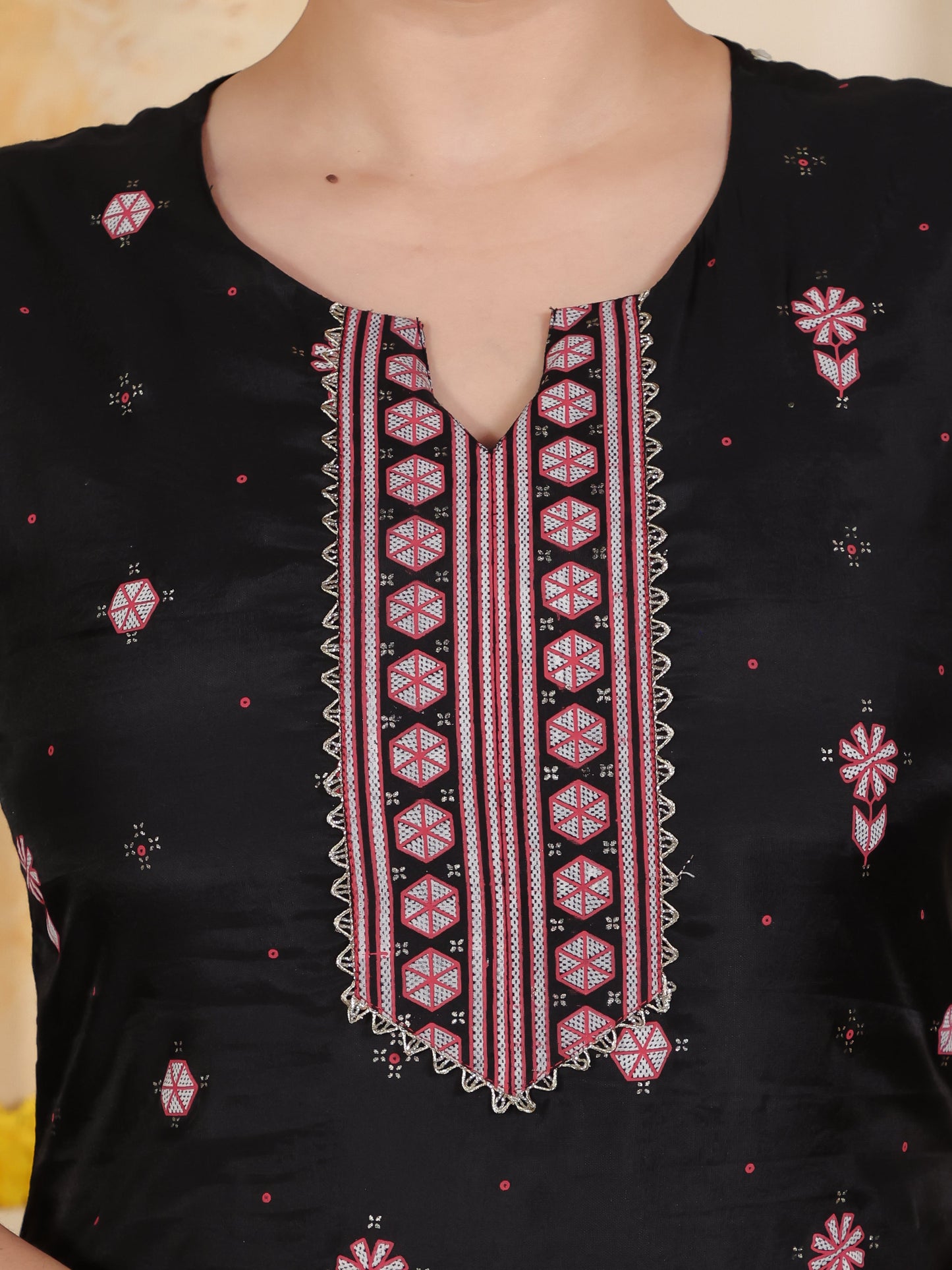 Poly Chanderi Geometric Straight Black Kurta