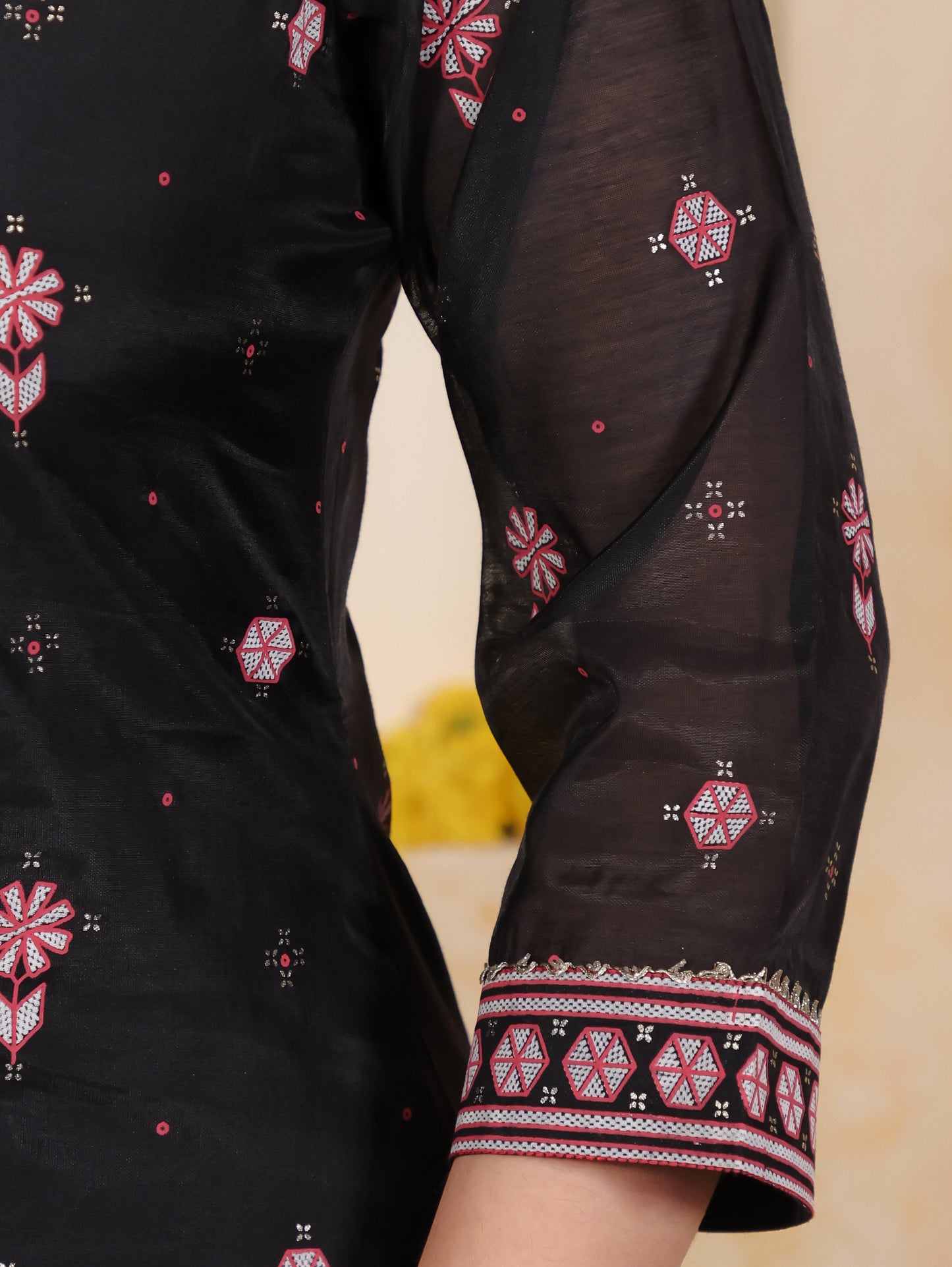 Poly Chanderi Geometric Straight Black Kurta
