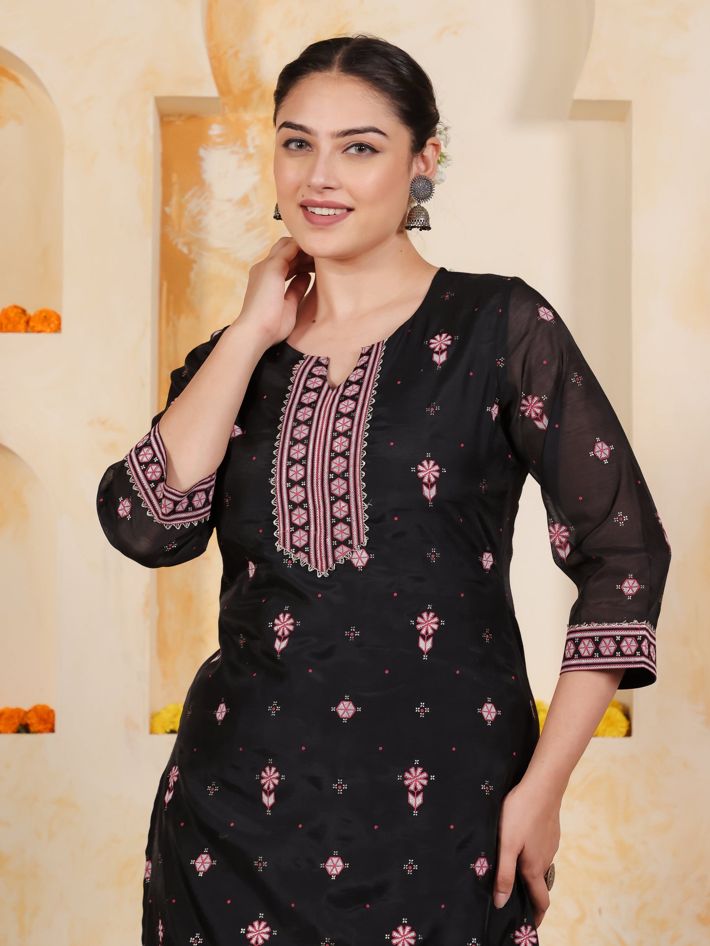Poly Chanderi Geometric Straight Black Kurta