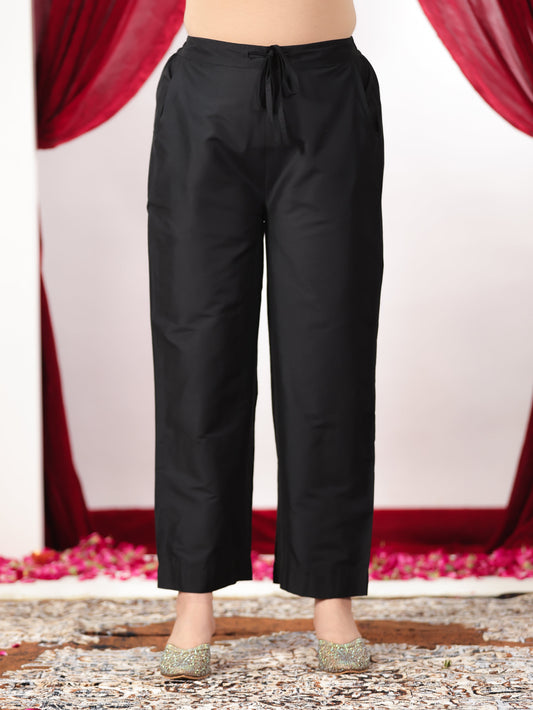 Chanderi Solid Black Straight Trousers