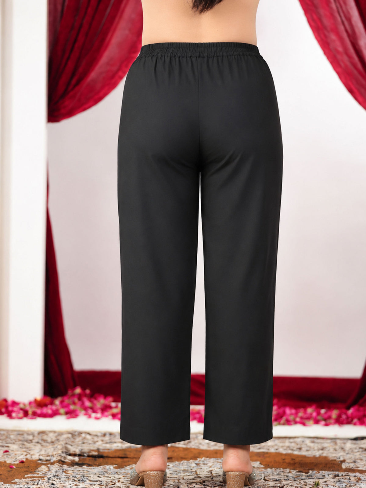 Chanderi Solid Black Straight Trousers