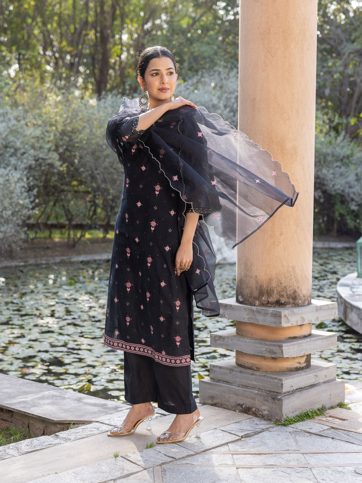 Embroidered Organza Solid Black Dupatta