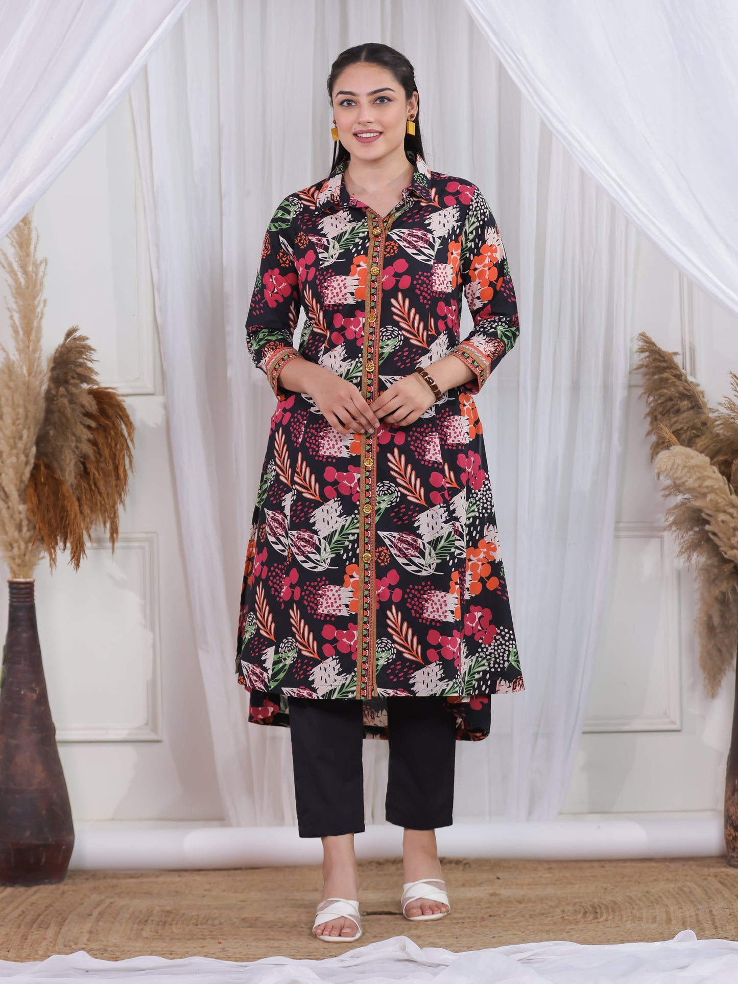 Soft Cotton Floral High Low Black Kurta