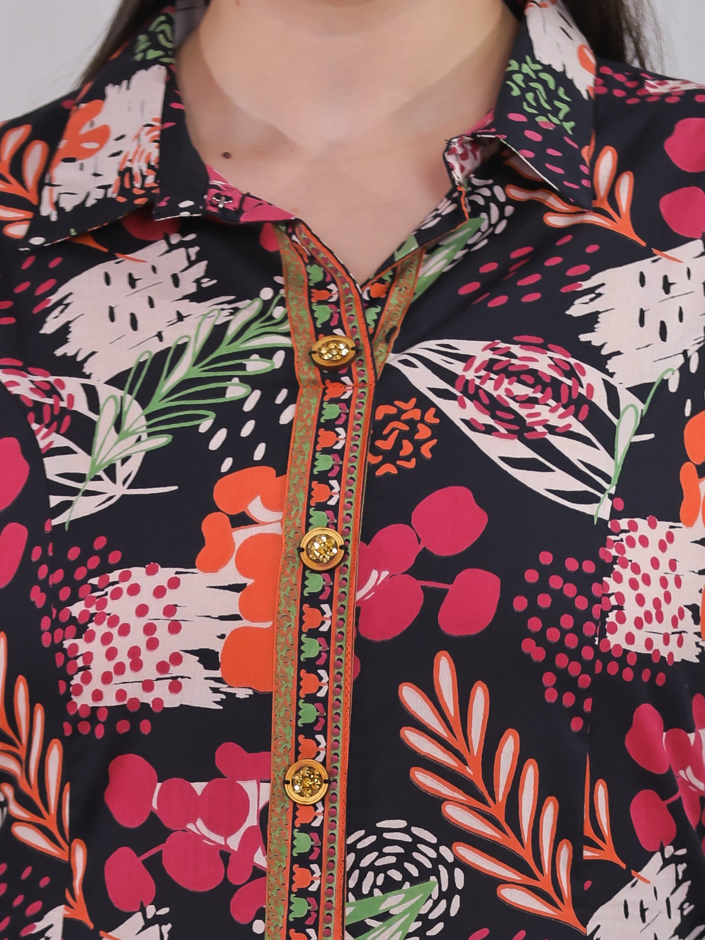 Soft Cotton Floral High Low Black Kurta