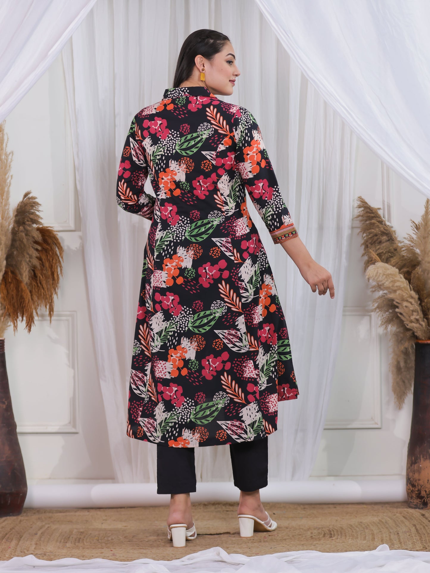 Soft Cotton Floral High Low Black Kurta