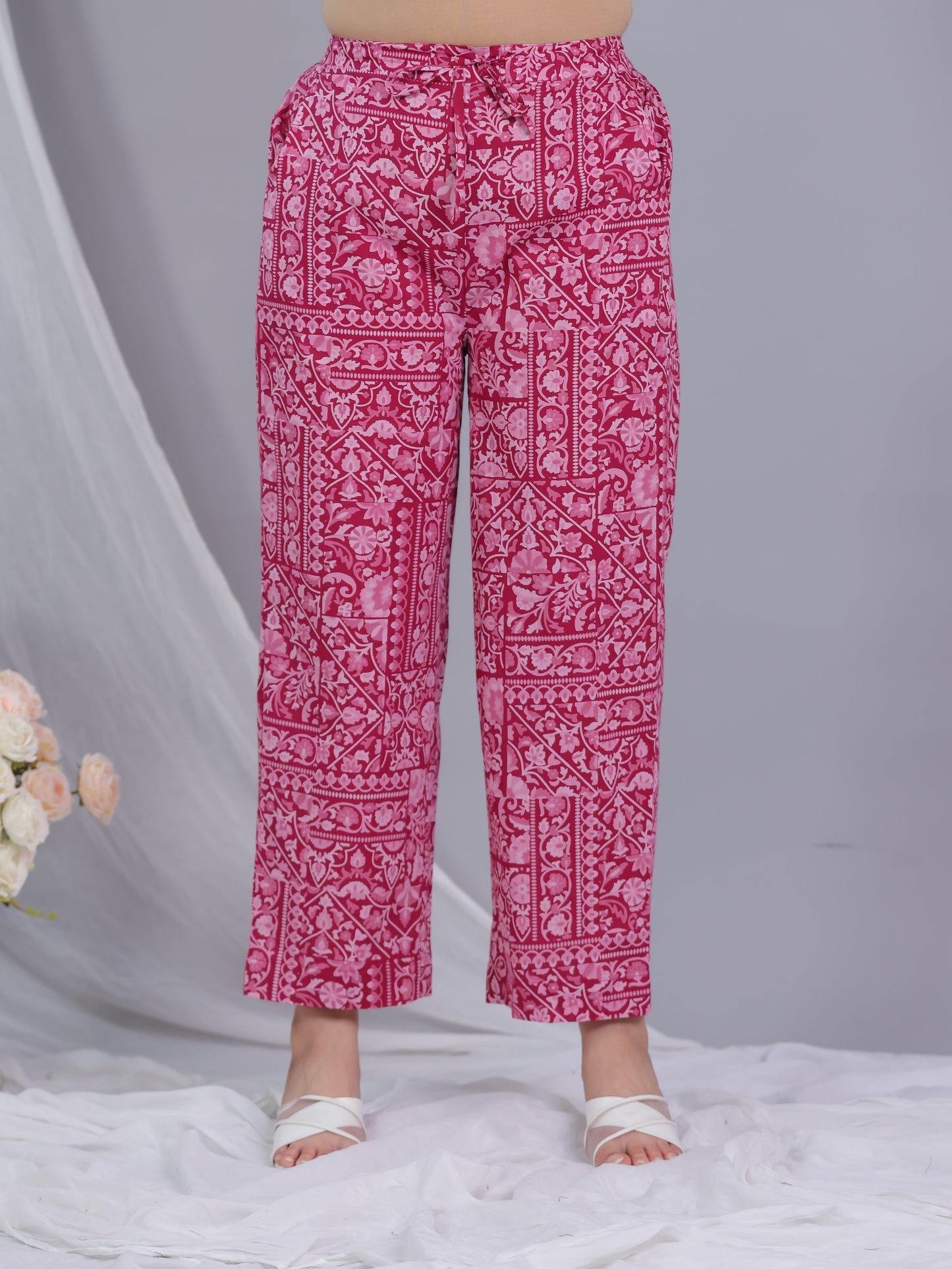 Soft Cotton Patchwork Pink Straight Trousers