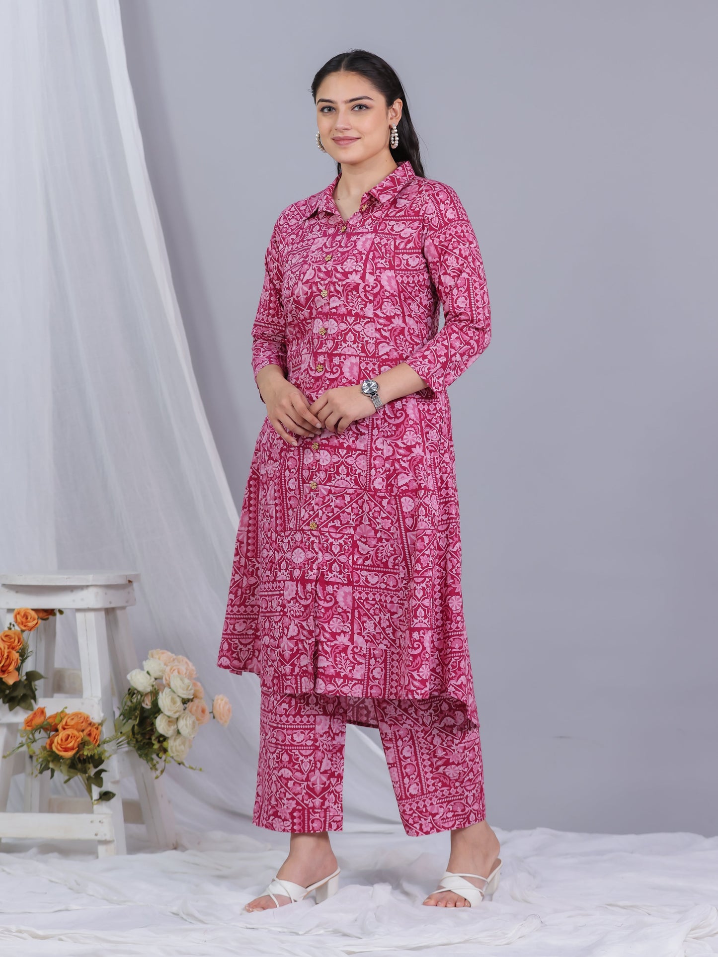 Soft Cotton Patchwork High Low Pink Kurta
