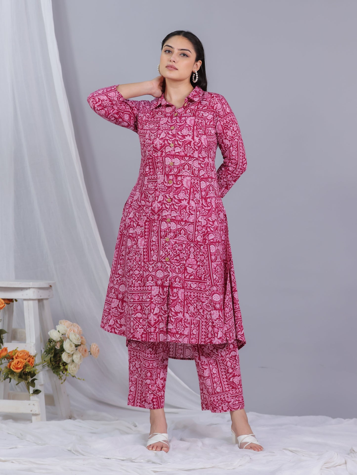 Soft Cotton Patchwork High Low Pink Kurta