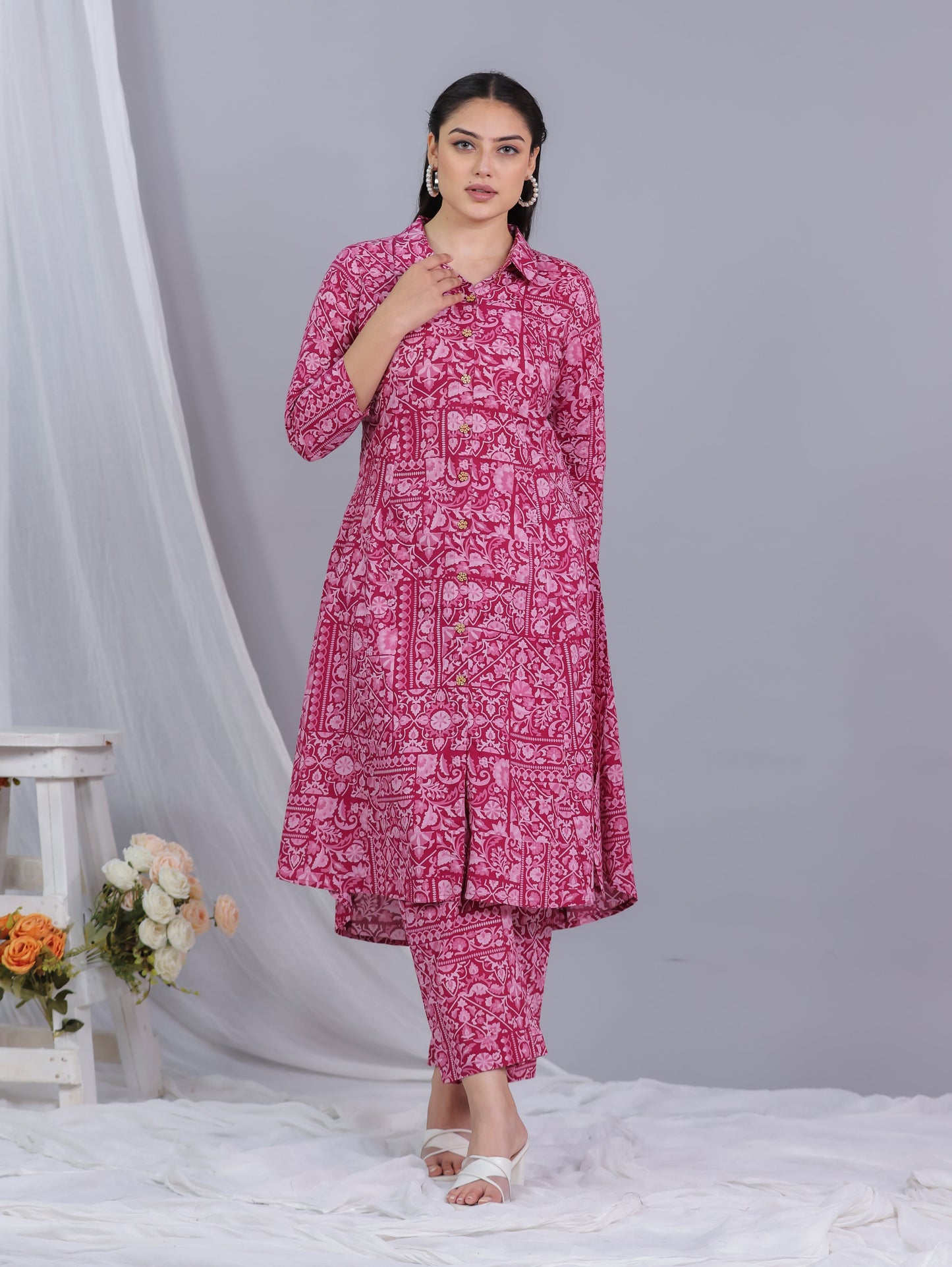 Soft Cotton Patchwork High Low Pink Kurta