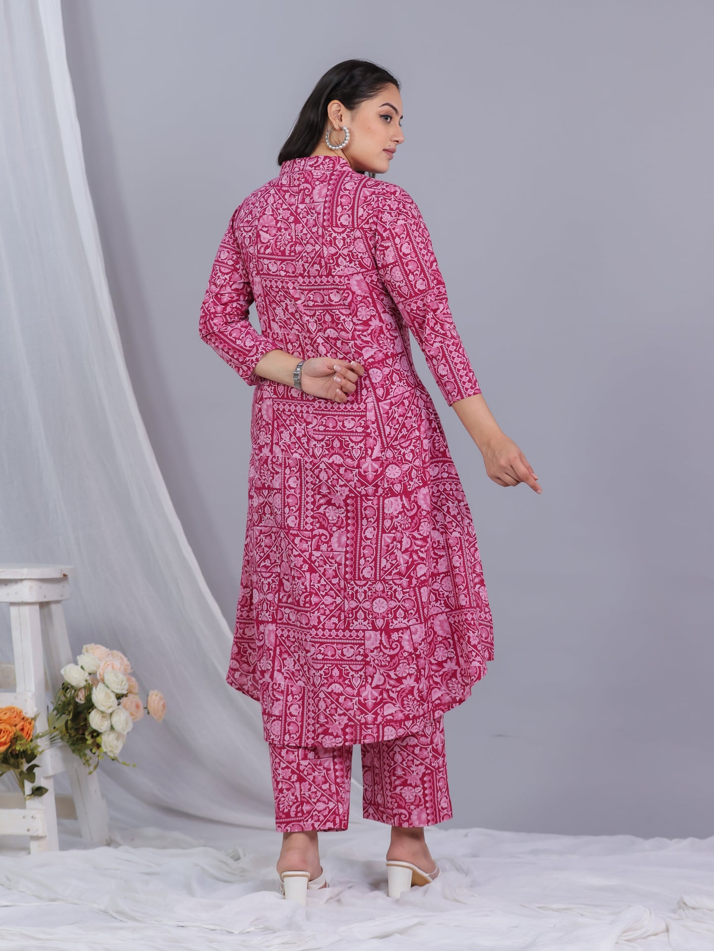Soft Cotton Patchwork High Low Pink Kurta