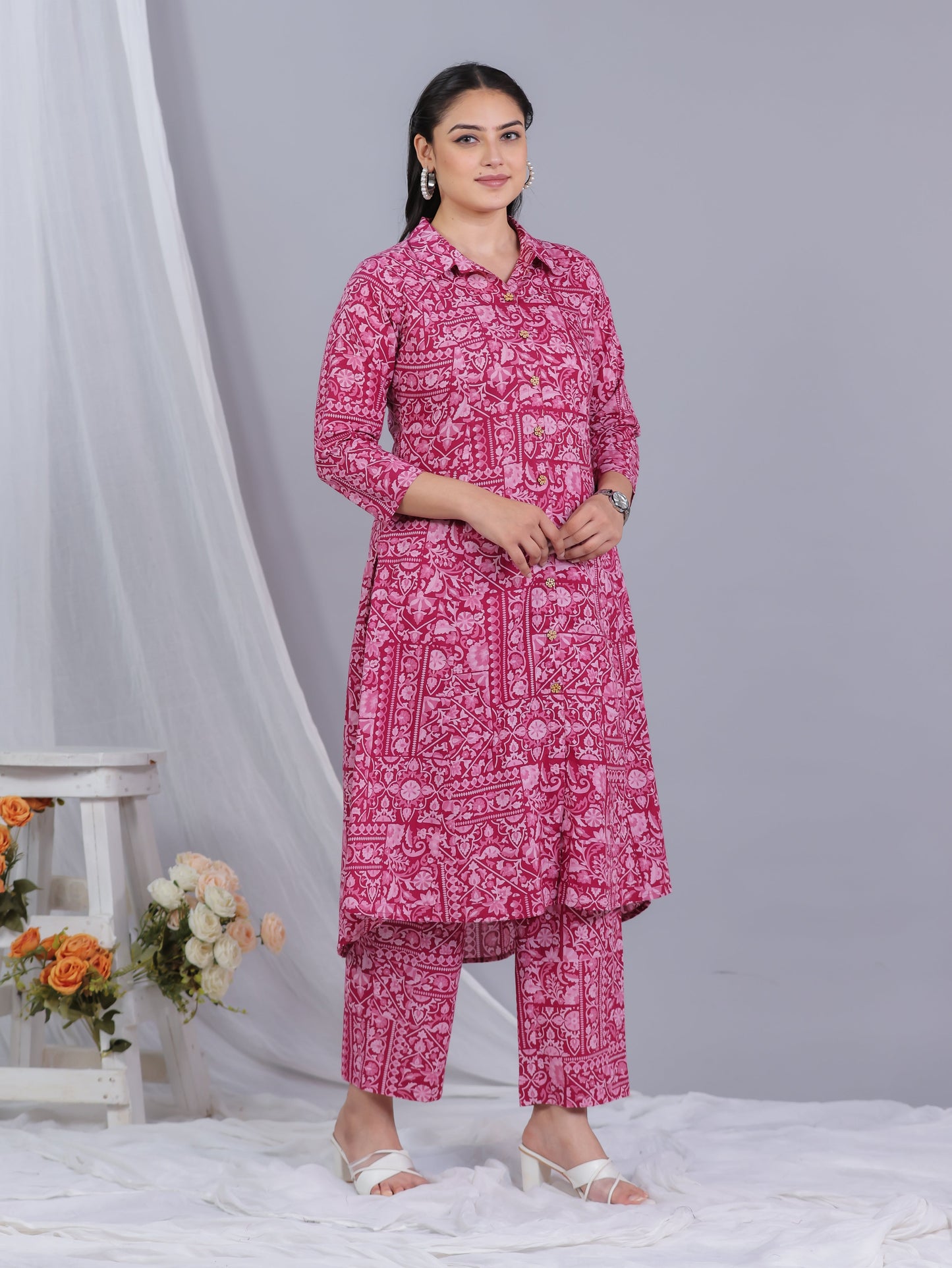 Soft Cotton Patchwork High Low Pink Kurta
