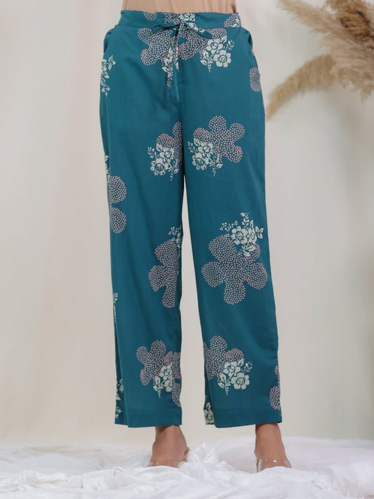 Soft Cotton Bandhani Teal Straight Trousers
