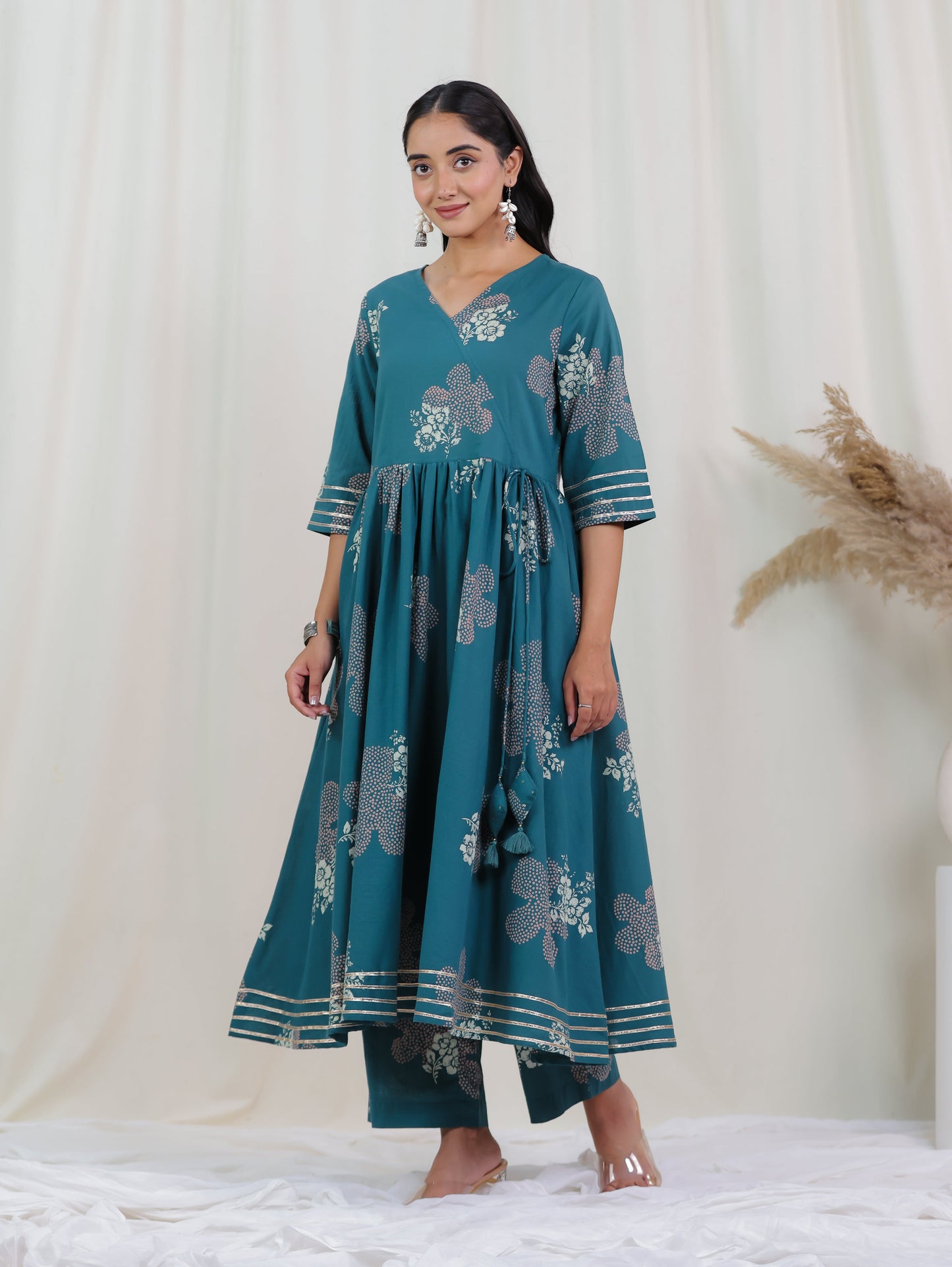 Soft Cotton Bandhani Angrakha Teal Kurta