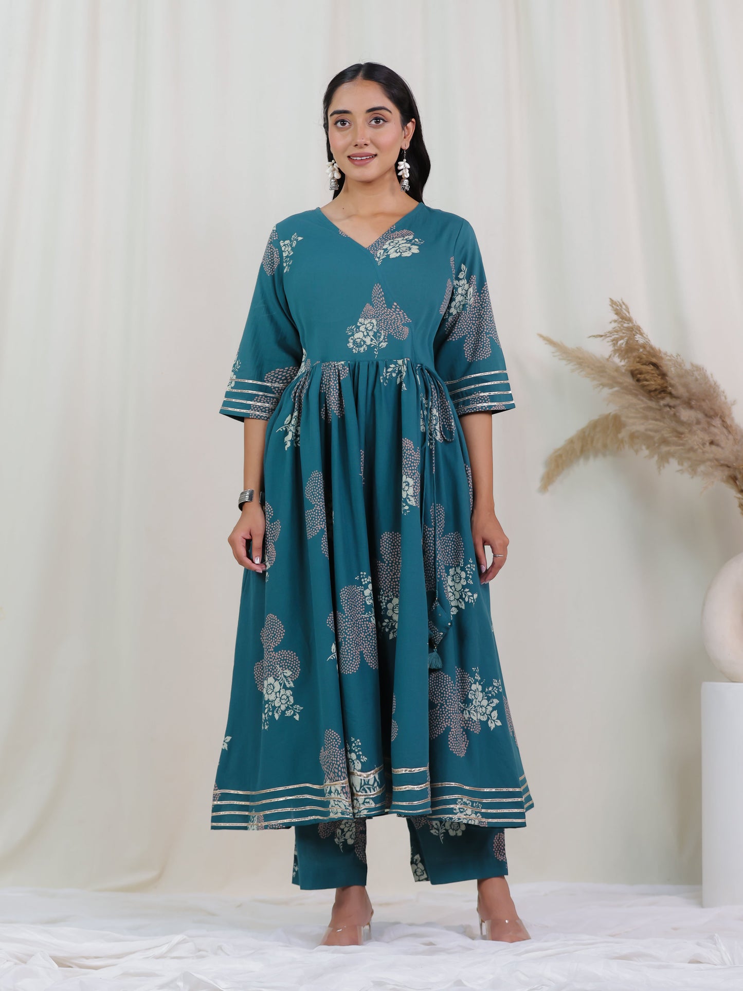 Soft Cotton Bandhani Angrakha Teal Kurta
