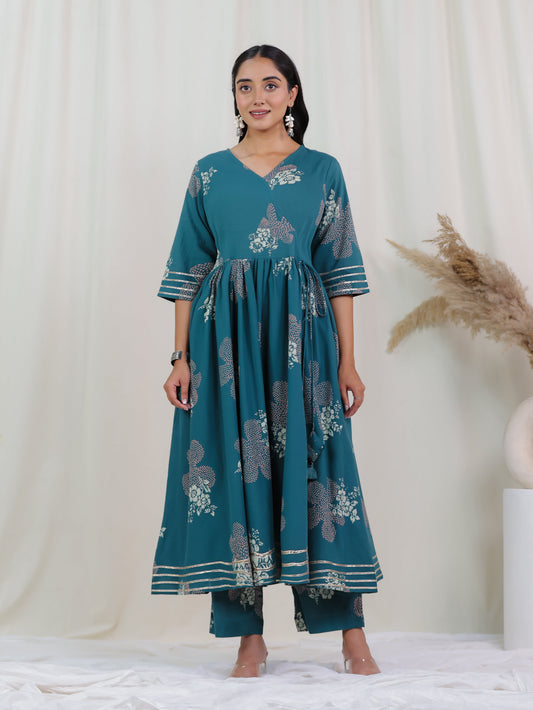 Soft Cotton Bandhani Angrakha Teal Kurta
