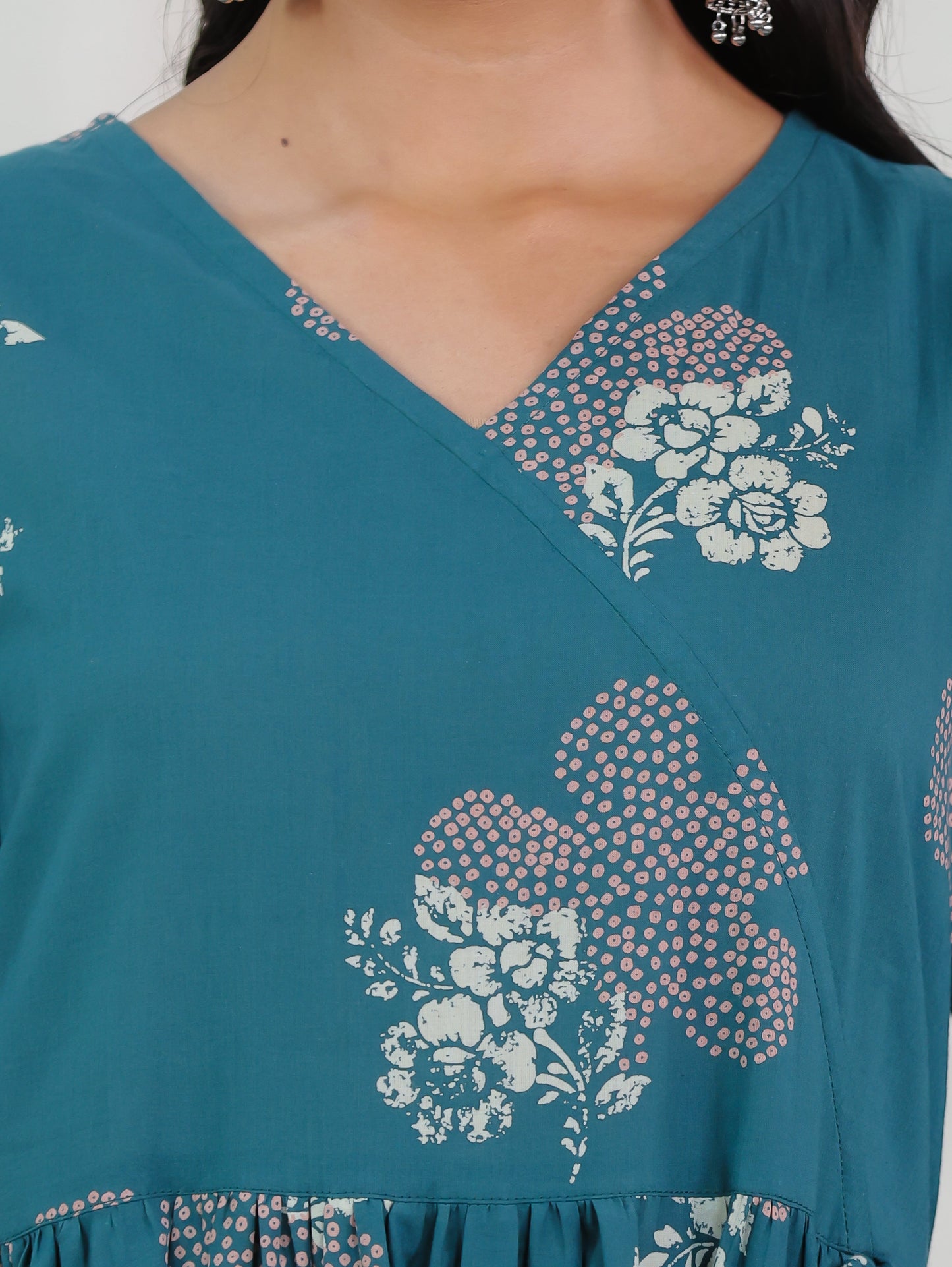 Soft Cotton Bandhani Angrakha Teal Kurta