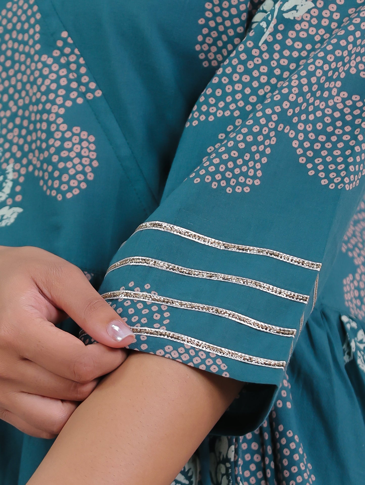 Soft Cotton Bandhani Angrakha Teal Kurta