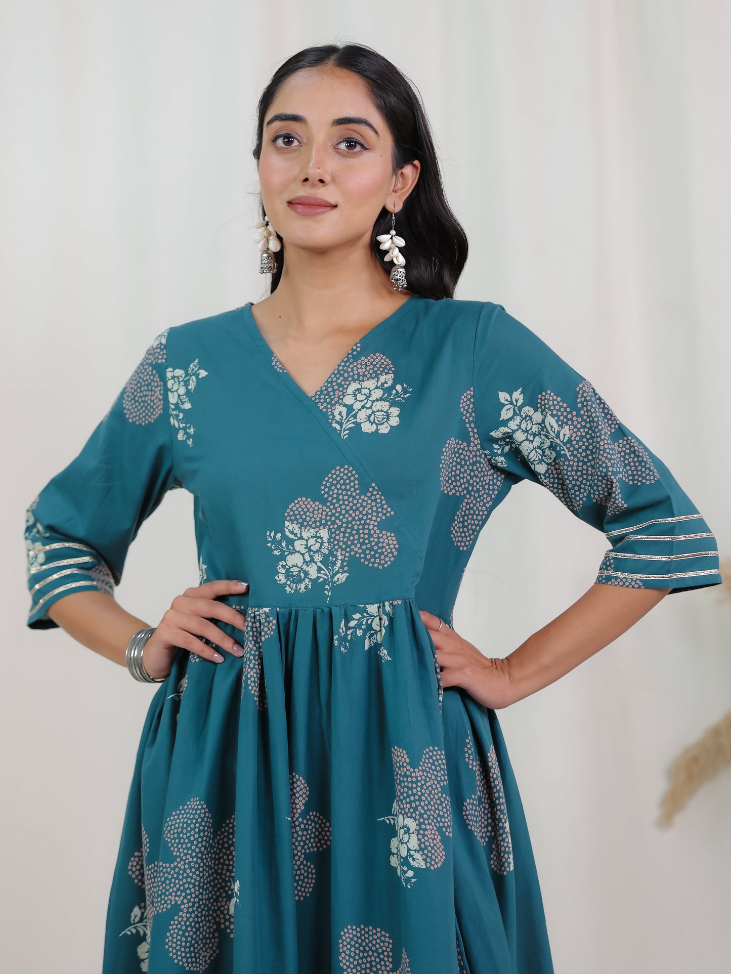 Soft Cotton Bandhani Angrakha Teal Kurta