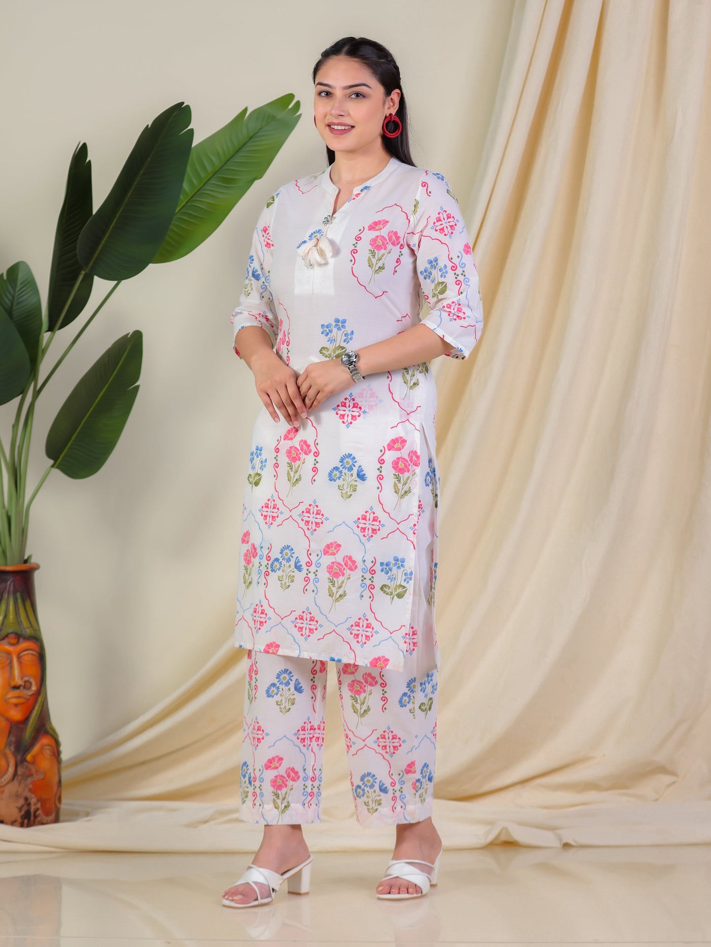 Soft Cotton Geometric Straight Off White Kurta