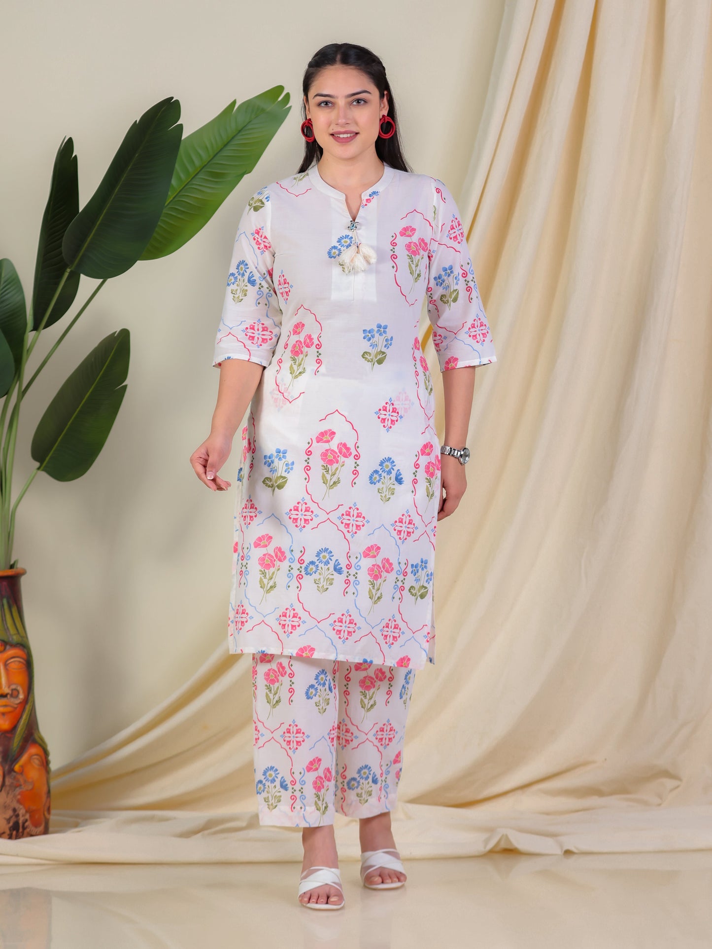 Soft Cotton Geometric Straight Off White Kurta