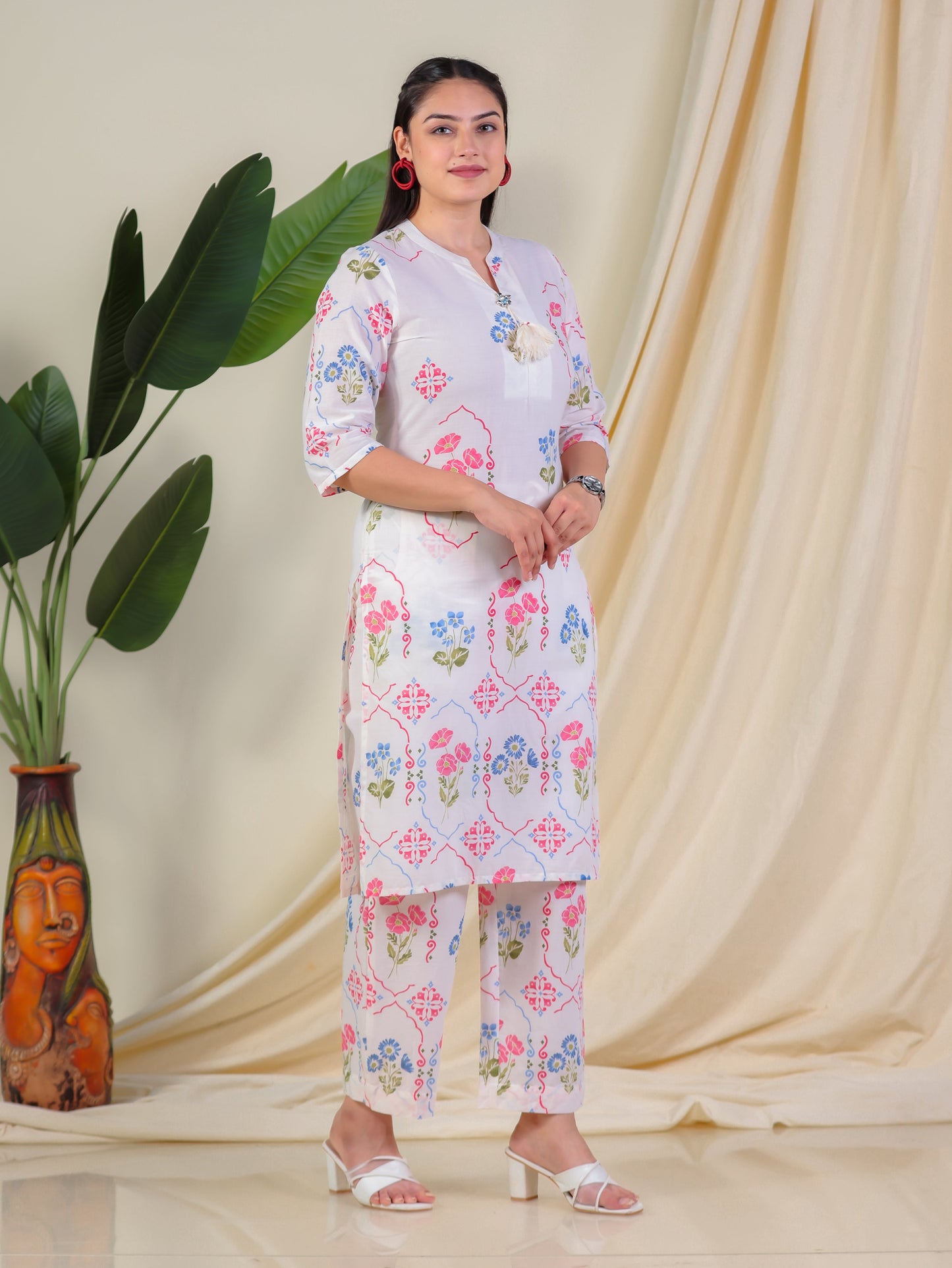 Soft Cotton Geometric Straight Off White Kurta