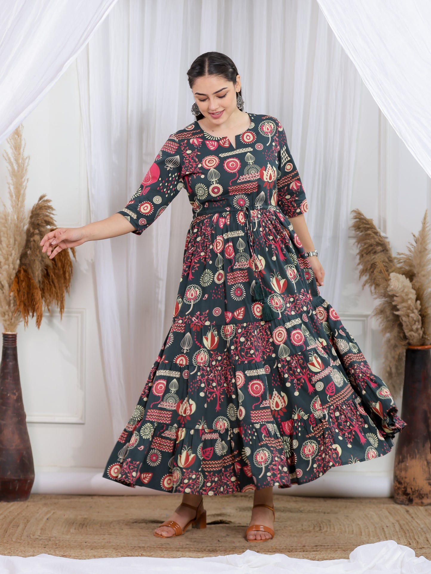 Soft Cotton Geometric Anarkali Multicolor Dress