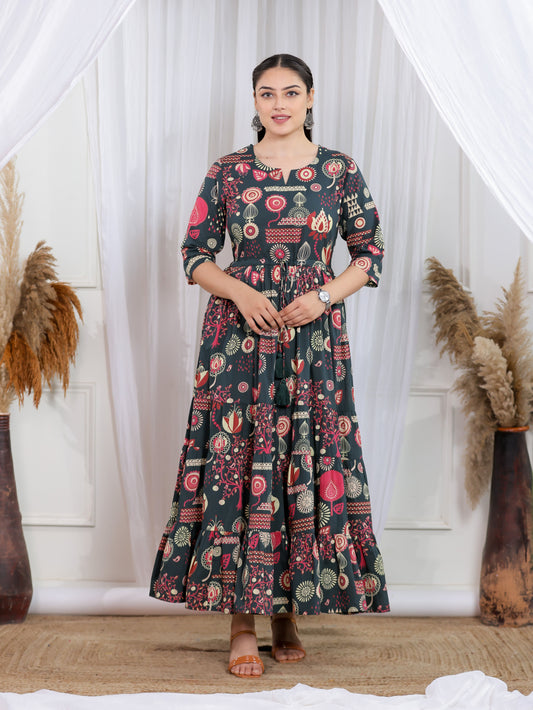 Soft Cotton Geometric Anarkali Multicolor Dress