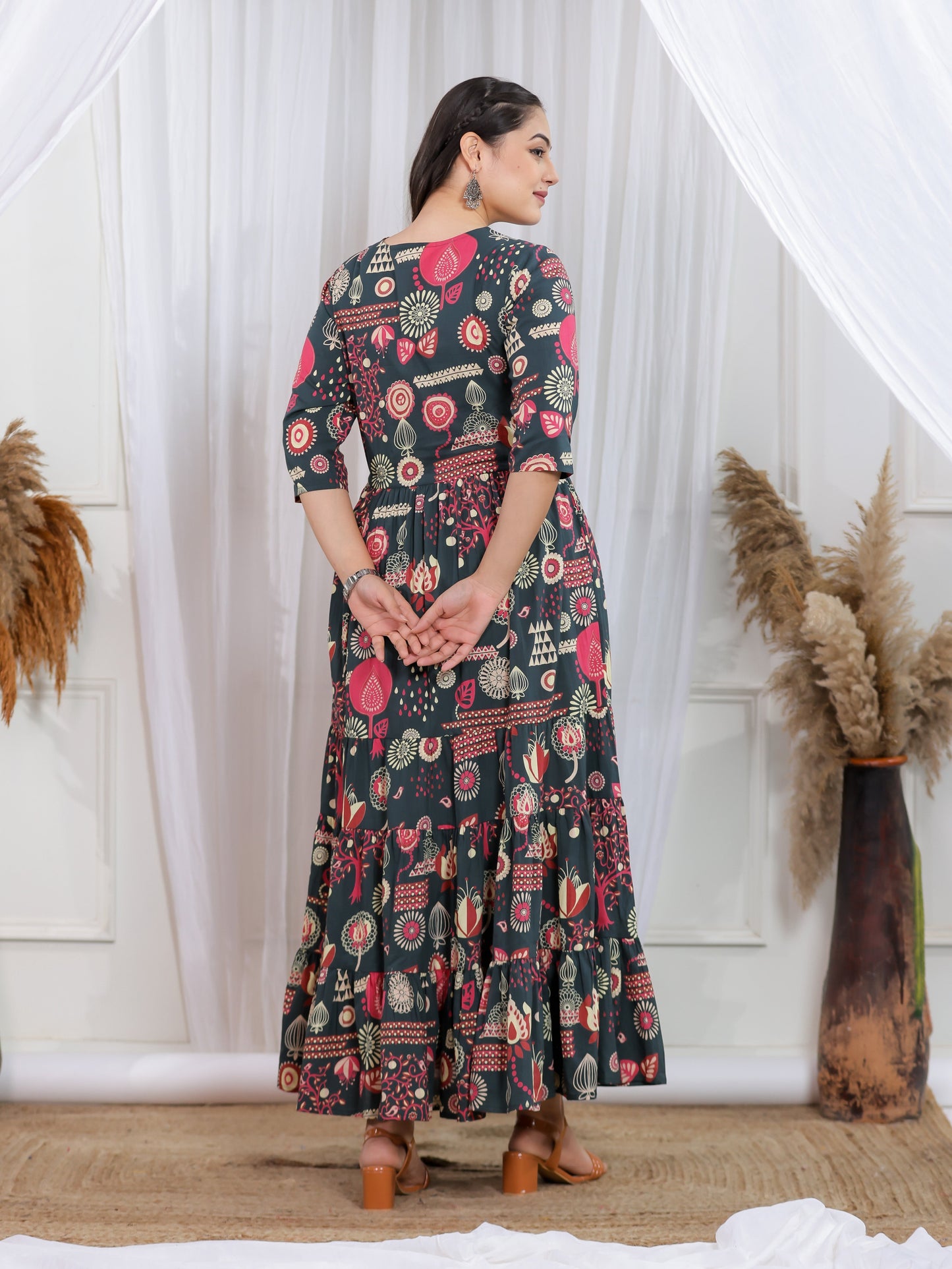 Soft Cotton Geometric Anarkali Multicolor Dress