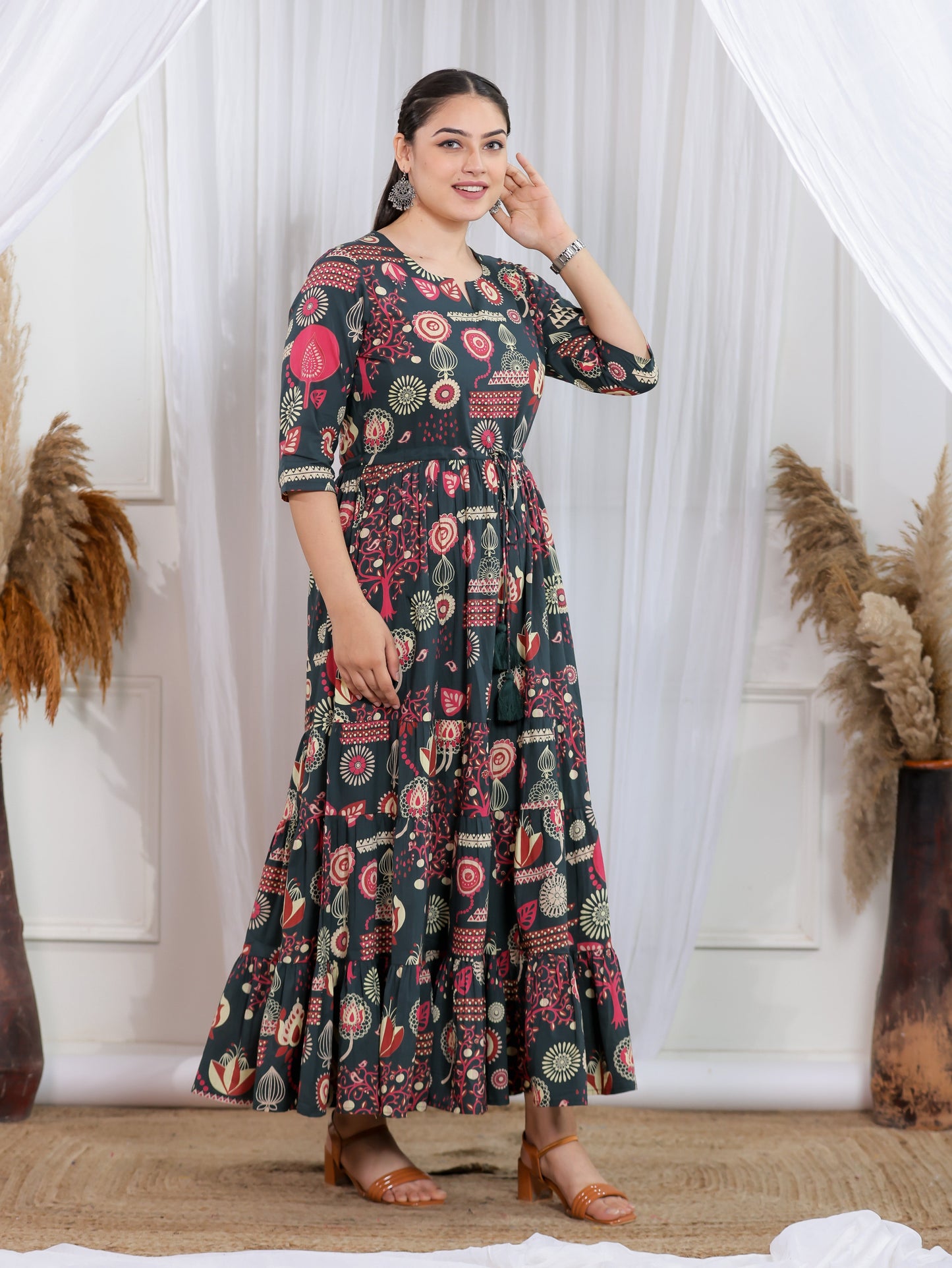 Soft Cotton Geometric Anarkali Multicolor Dress