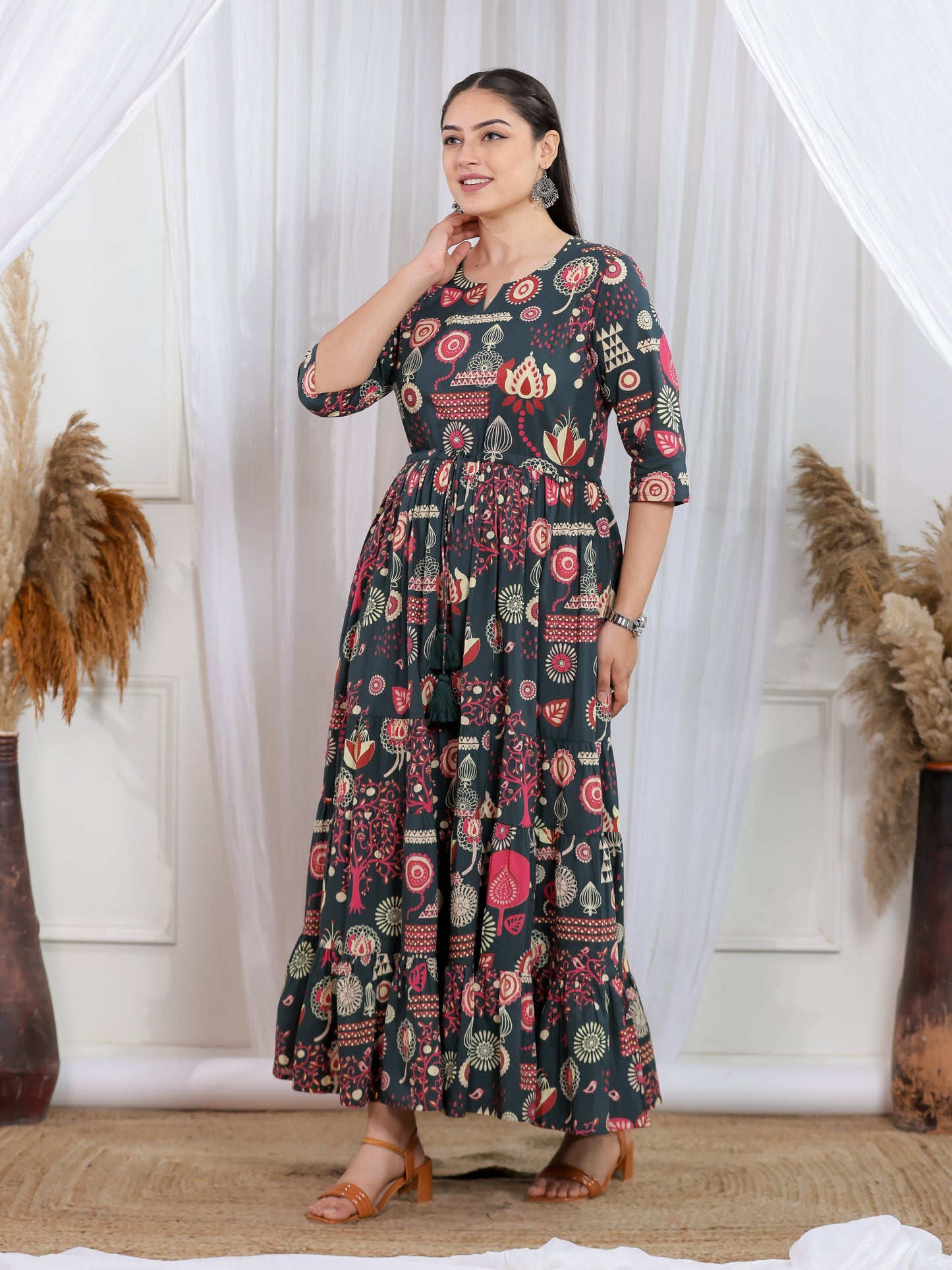 Soft Cotton Geometric Anarkali Multicolor Dress