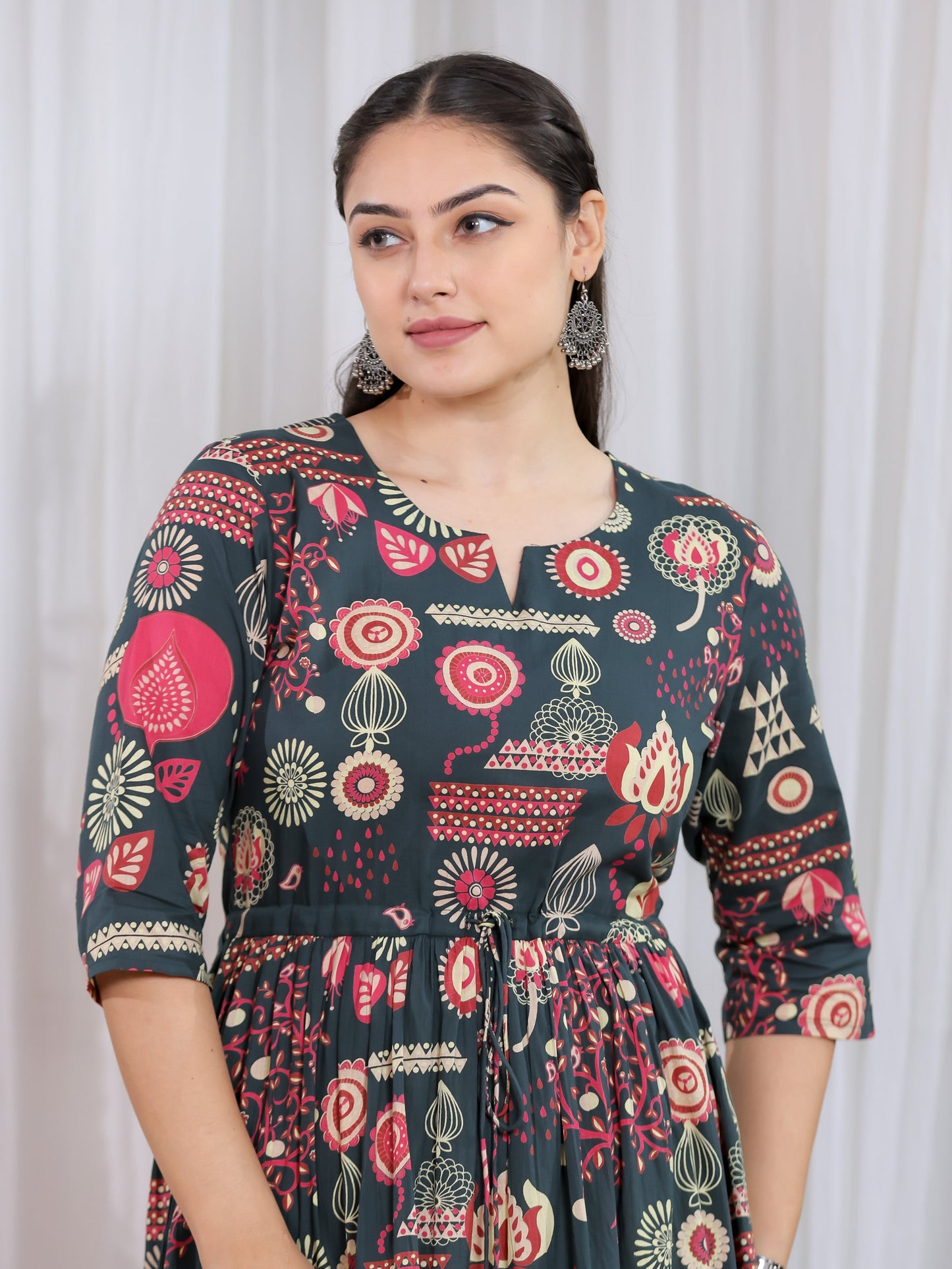 Soft Cotton Geometric Anarkali Multicolor Dress
