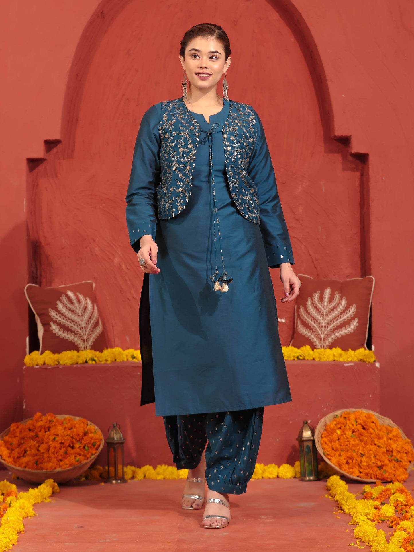 Chanderi Gold foil Teal Jacket