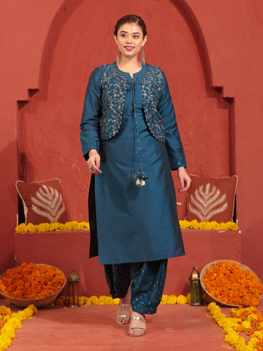 Chanderi Gold foil Teal Jacket