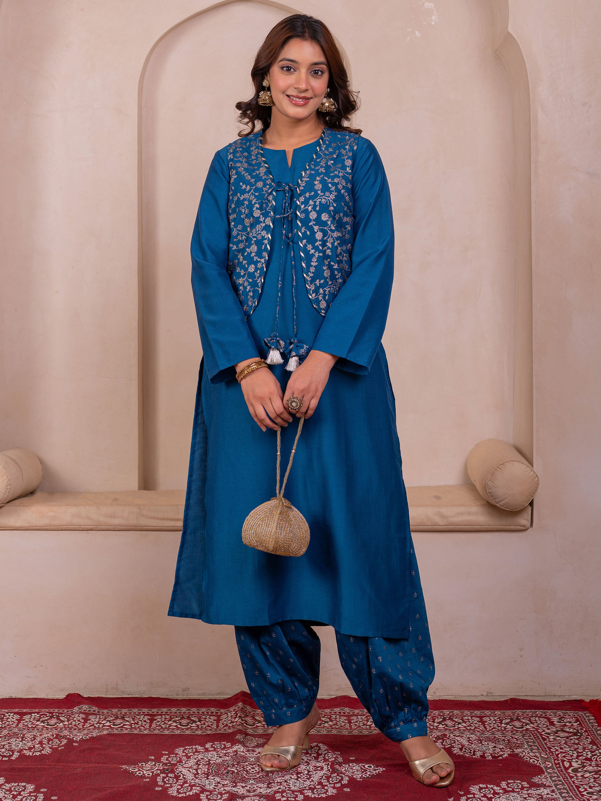 Chanderi Gold foil Teal Jacket