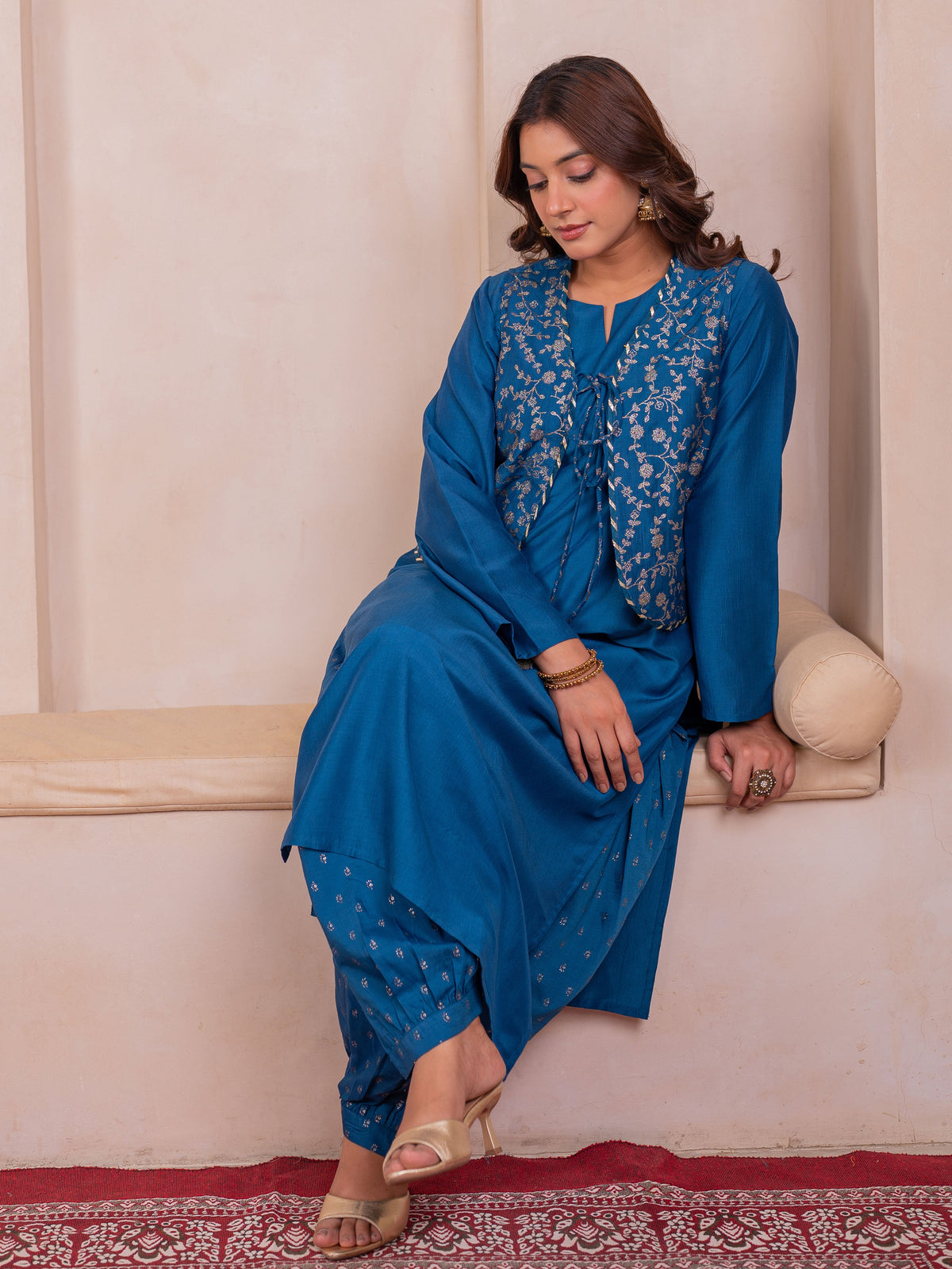 Chanderi Gold foil Teal Jacket