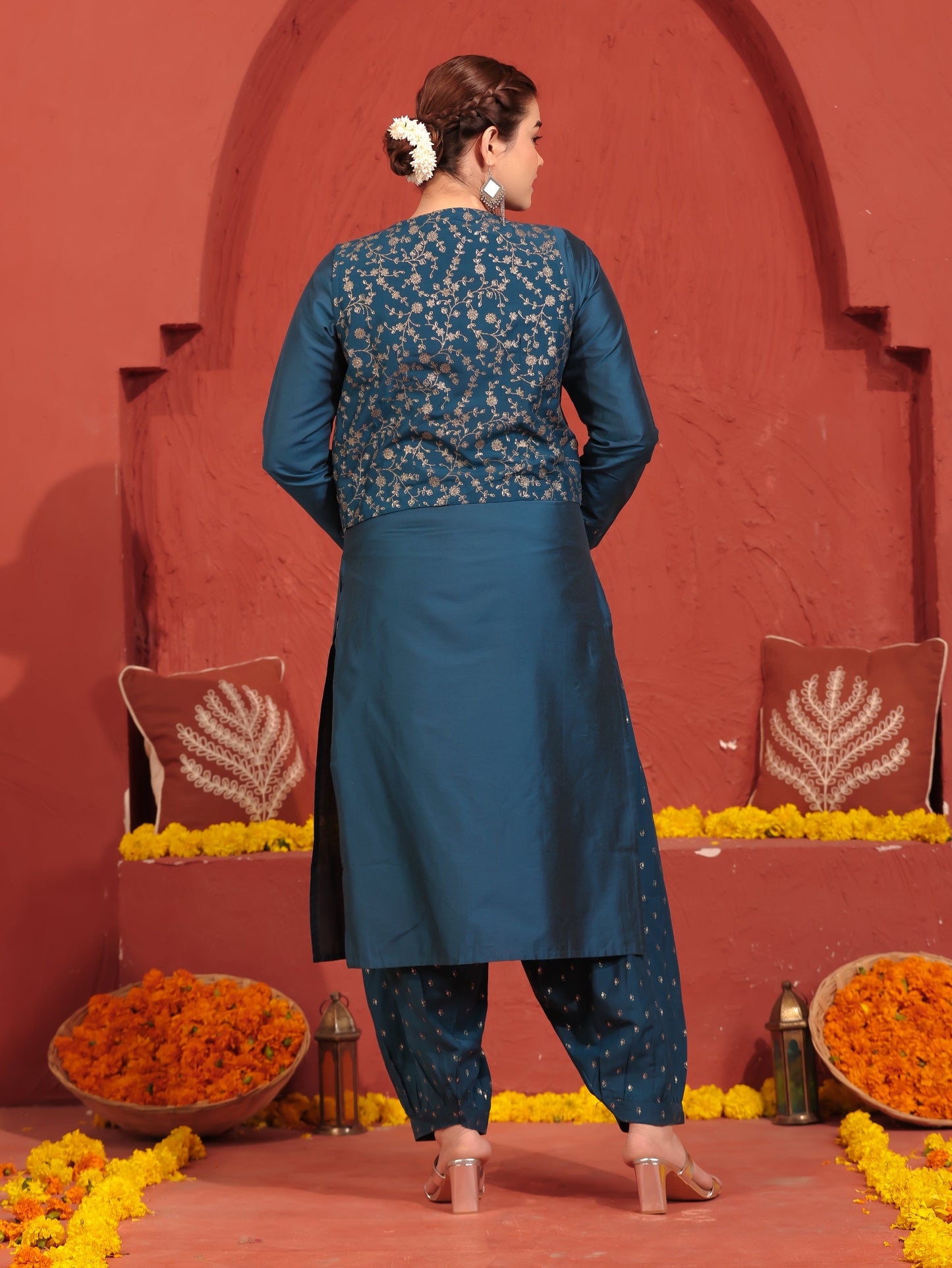 Chanderi Gold foil Teal Jacket