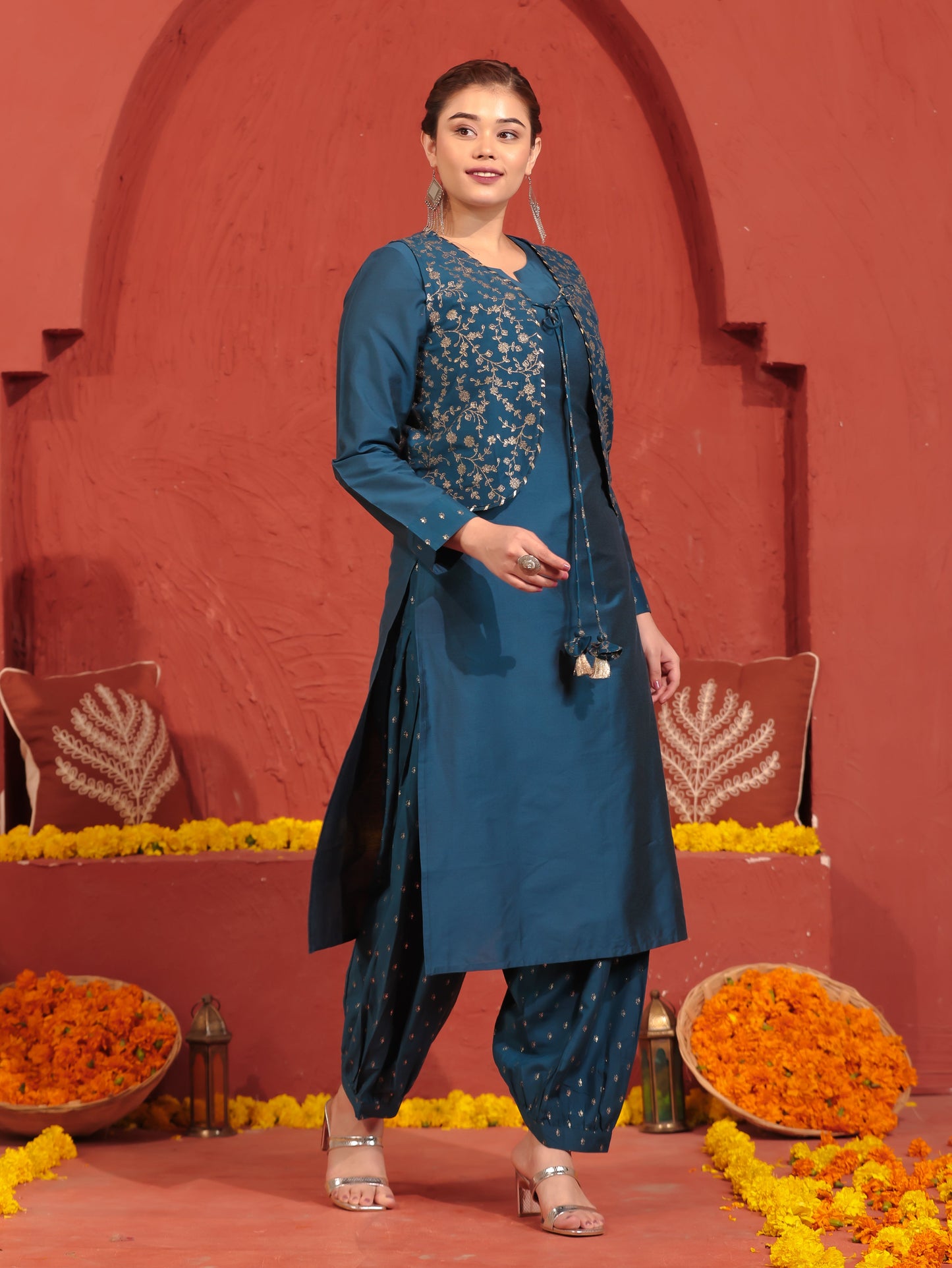 Chanderi Gold foil Teal Jacket