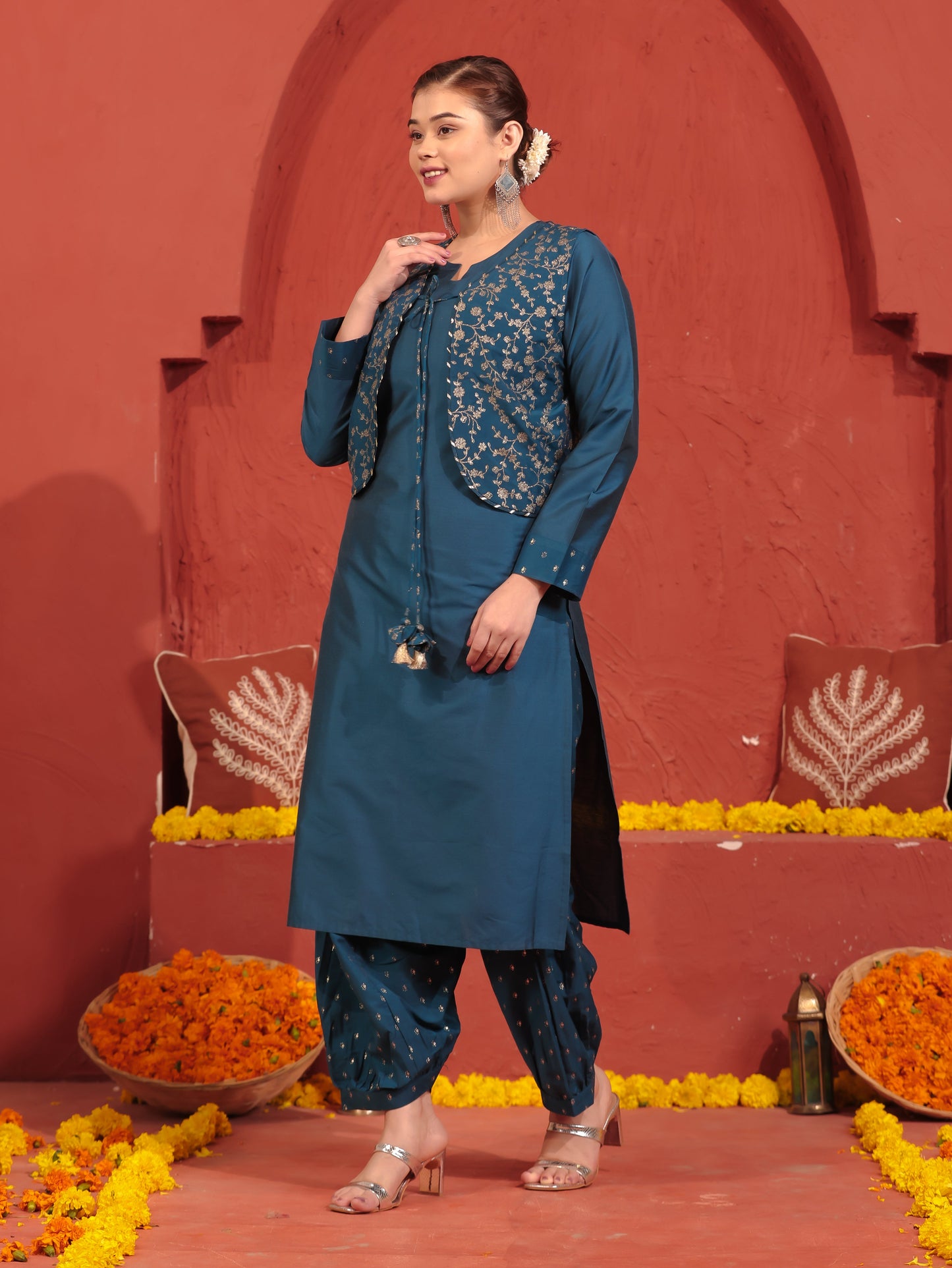 Chanderi Gold foil Teal Jacket