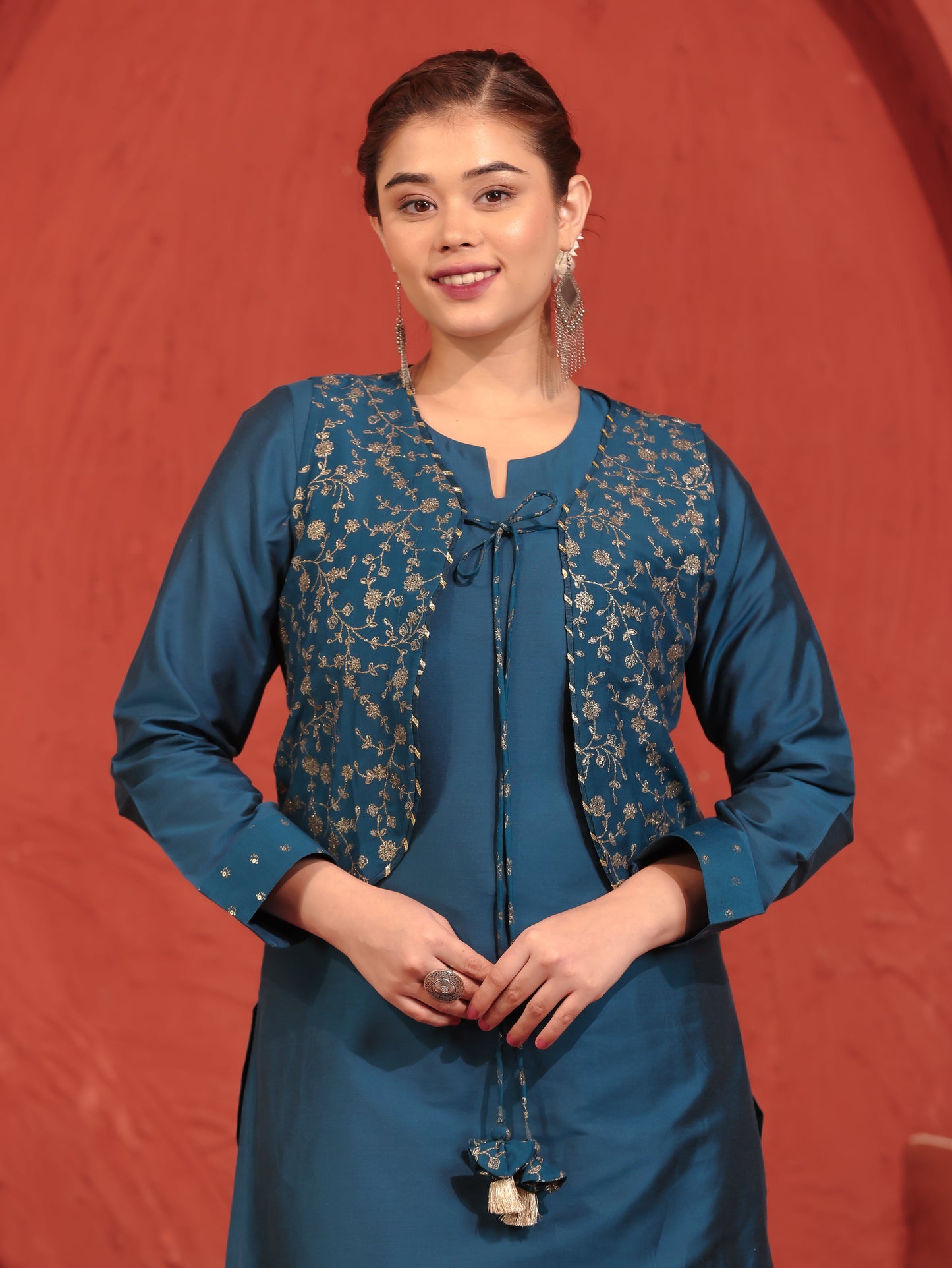 Chanderi Gold foil Teal Jacket