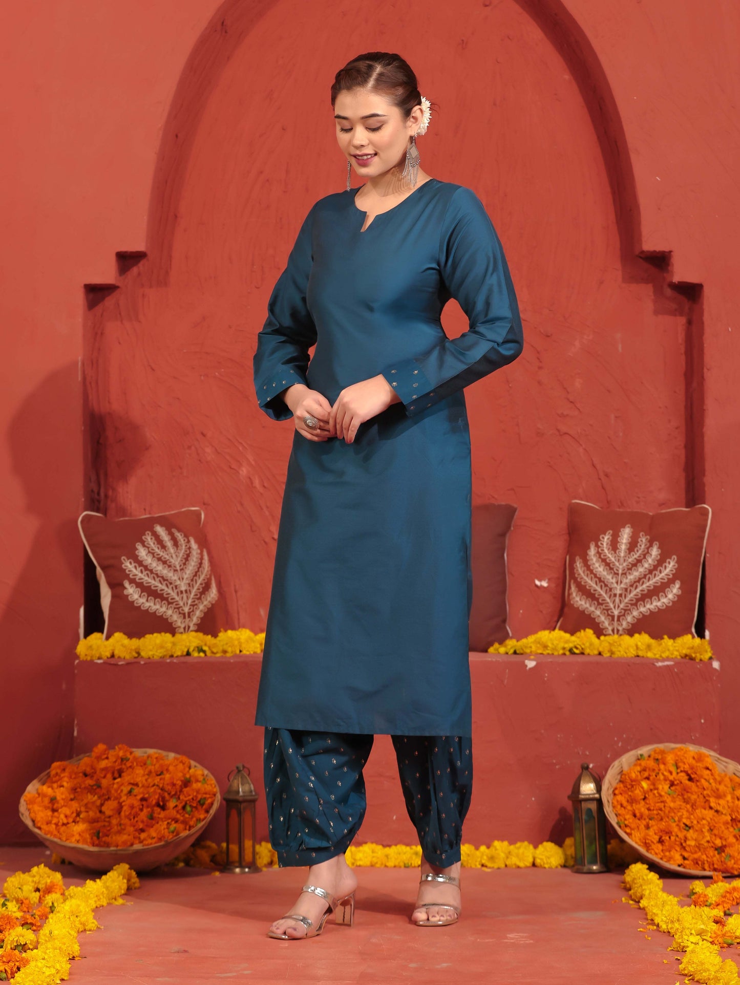 Chanderi Solid Straight Teal Kurta