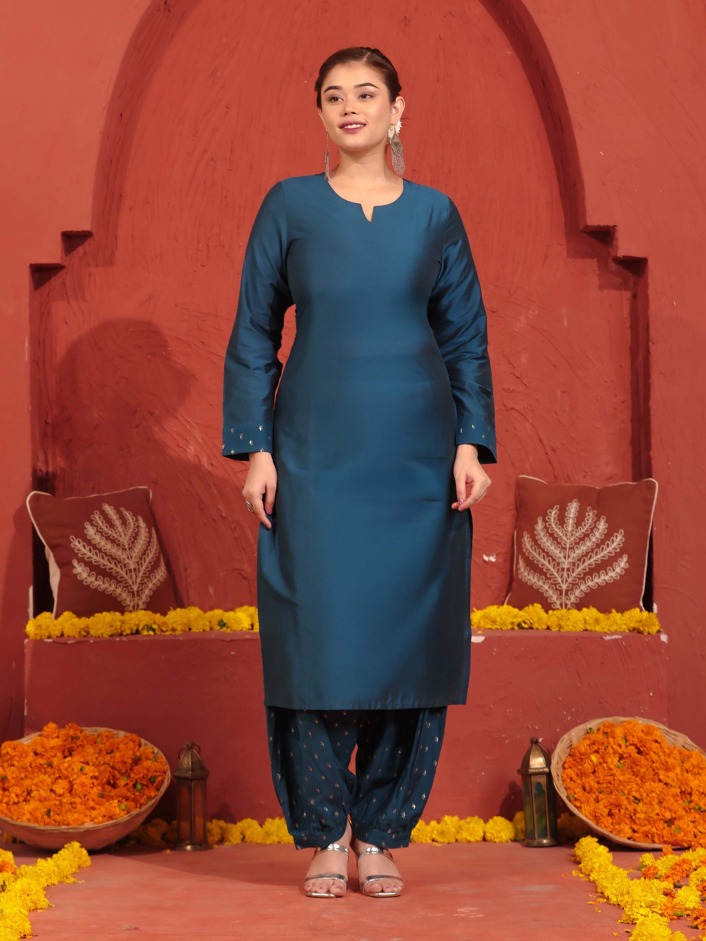 Chanderi Solid Straight Teal Kurta