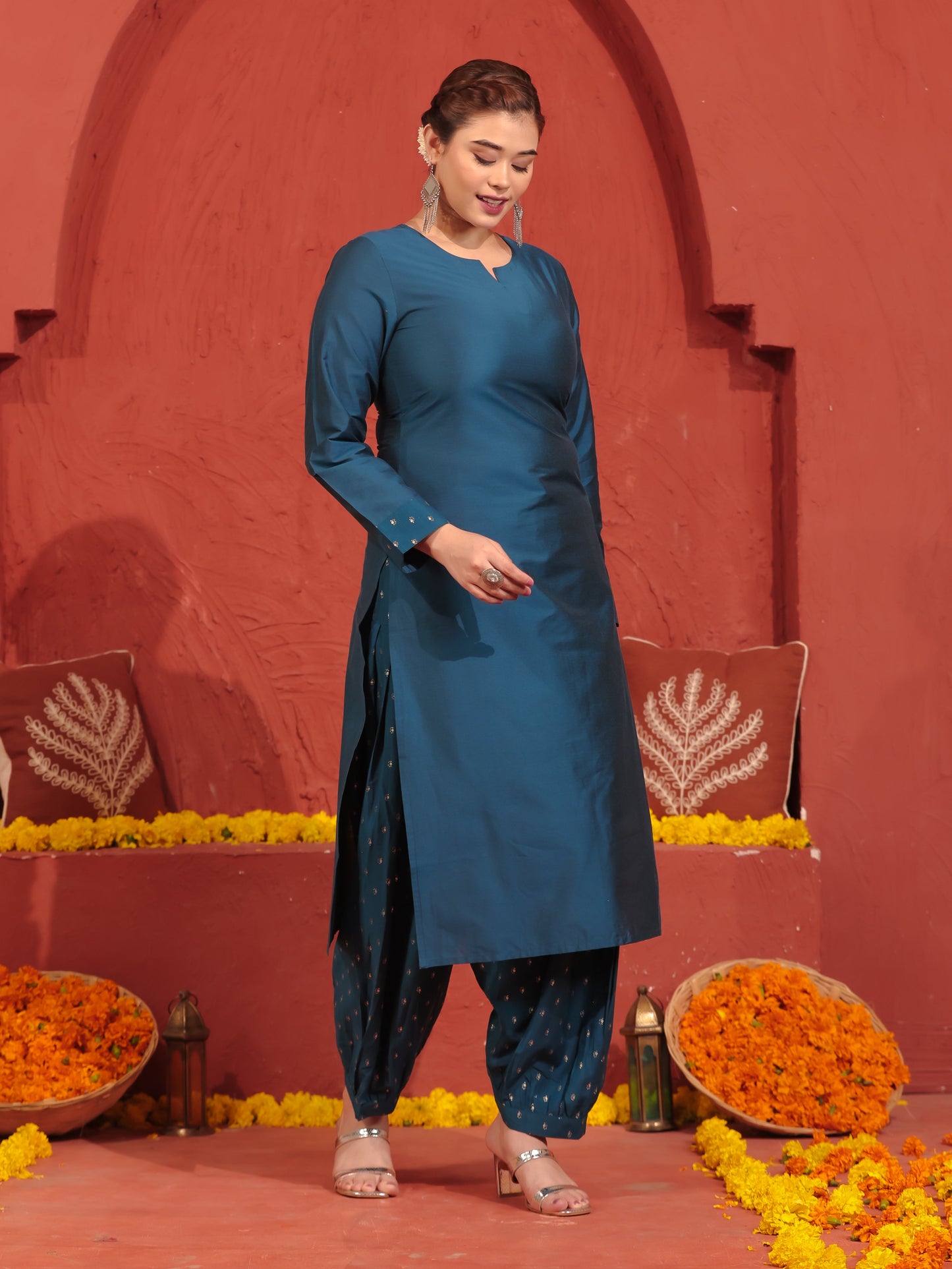 Chanderi Solid Straight Teal Kurta