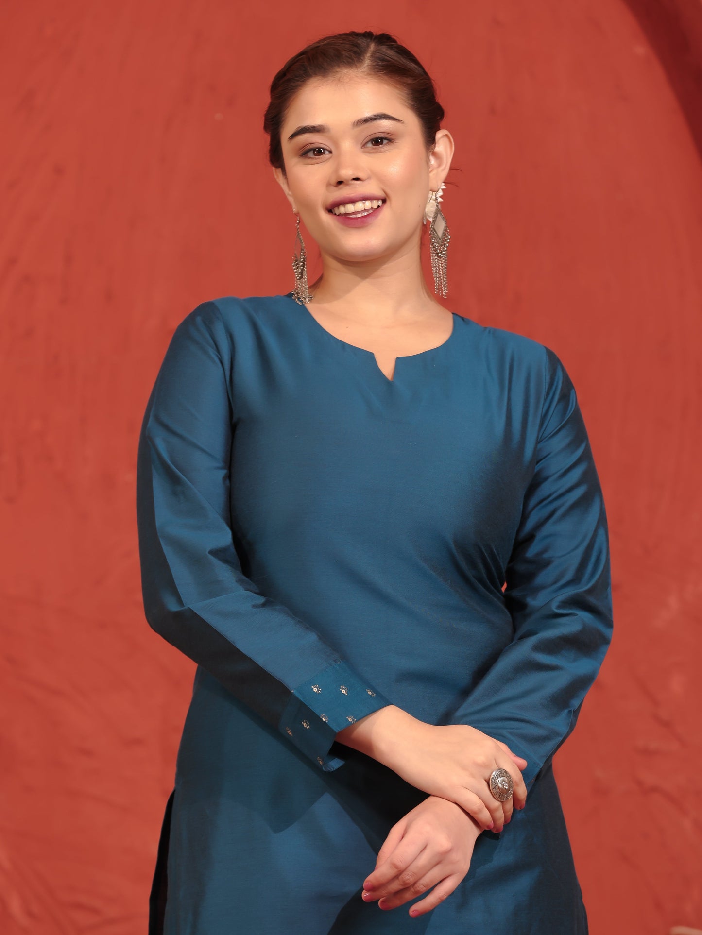 Chanderi Solid Straight Teal Kurta
