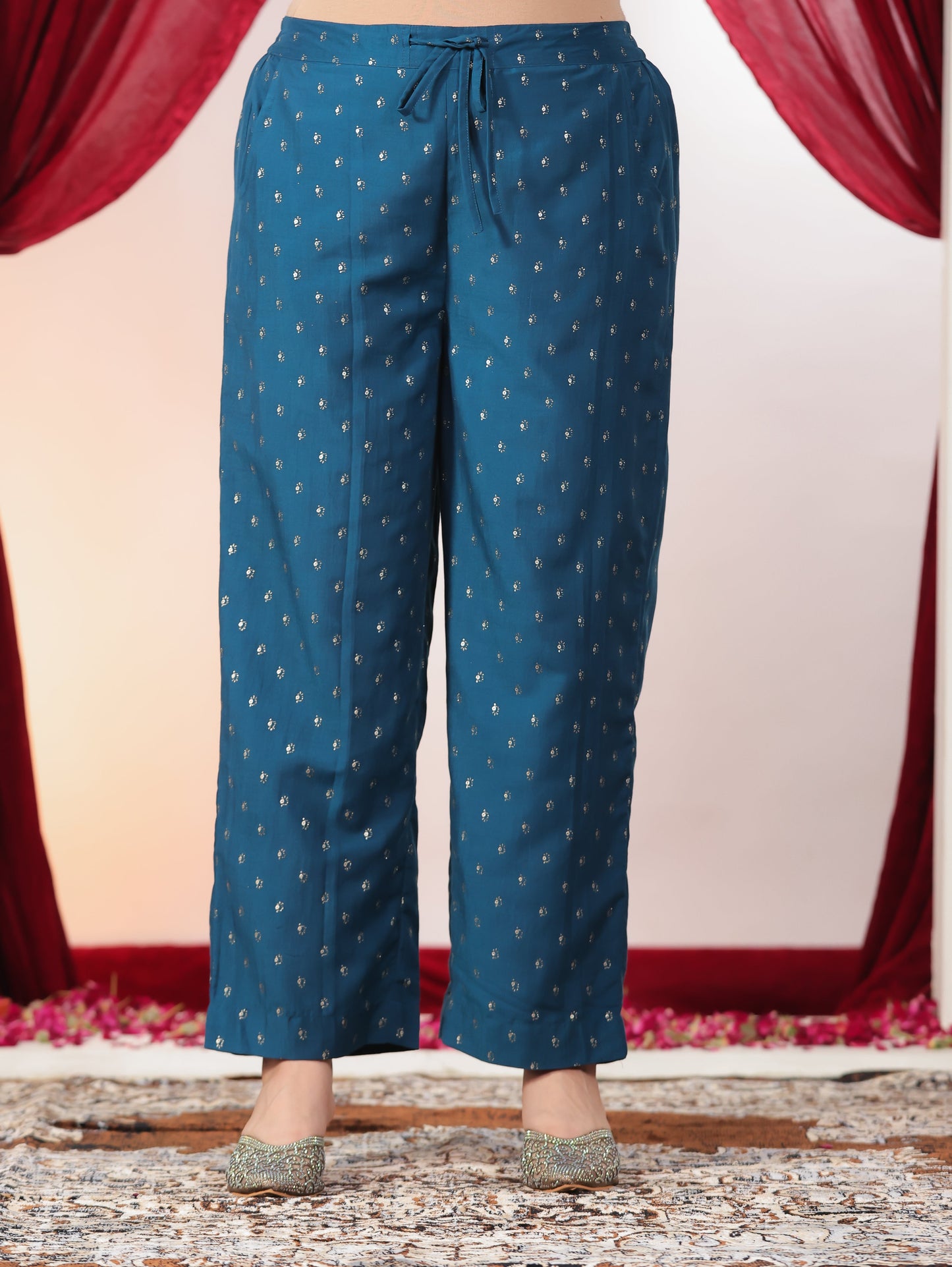 Chanderi Gold foil Teal Straight Trousers